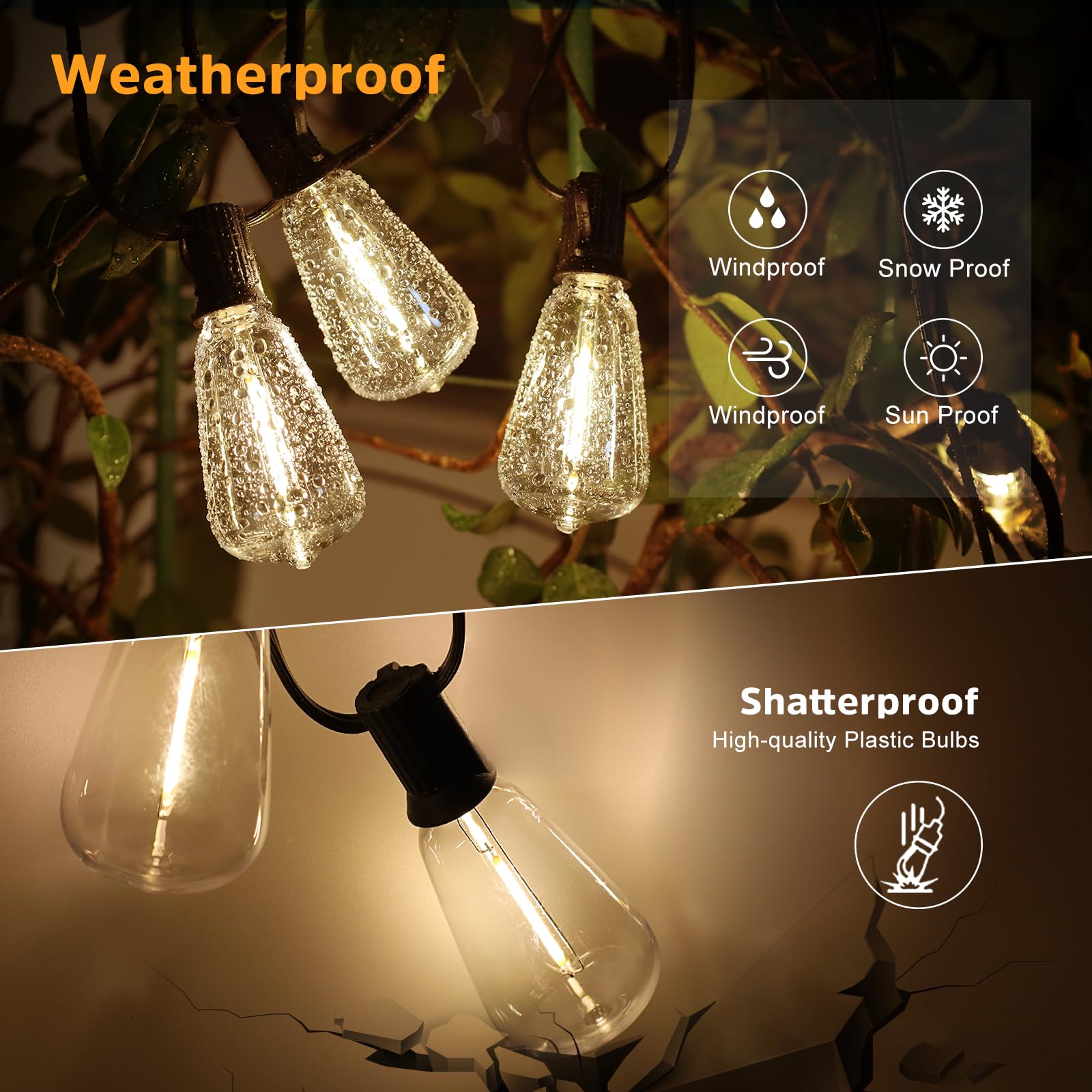 Vuaa 2 Pack 150Ft Solar Outdoor String Lights Waterproof, Solar Powered Patio Lights With 52 Shatterproof St38 Edison Bulbs & Re