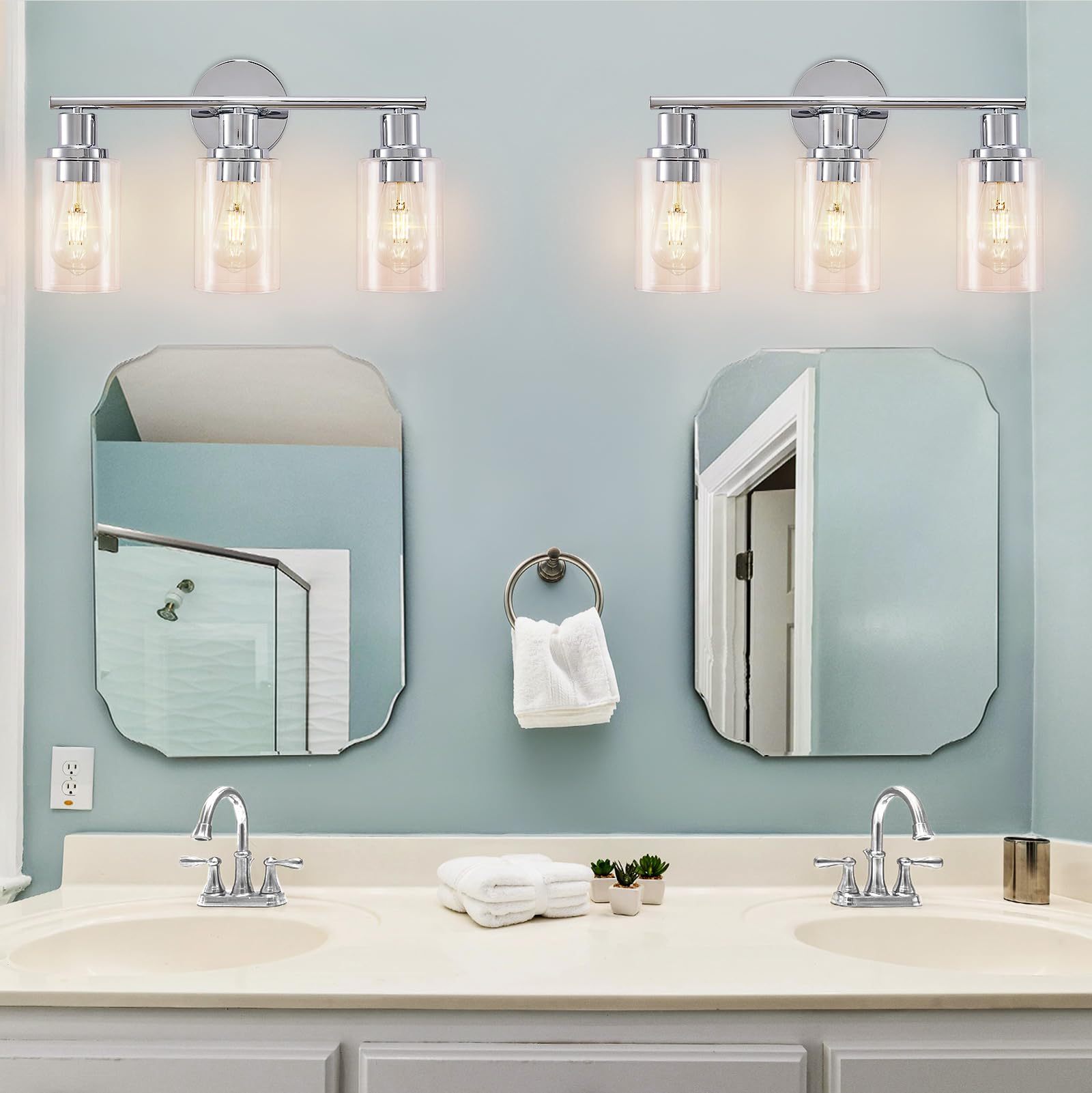 Dllt 3-Light Bathroom Light Fixtures: Chrome Modern Vanity Lights With 3 E26 Bulbs - Clear Glass Shade Bathroom Wall Lamp For Mi