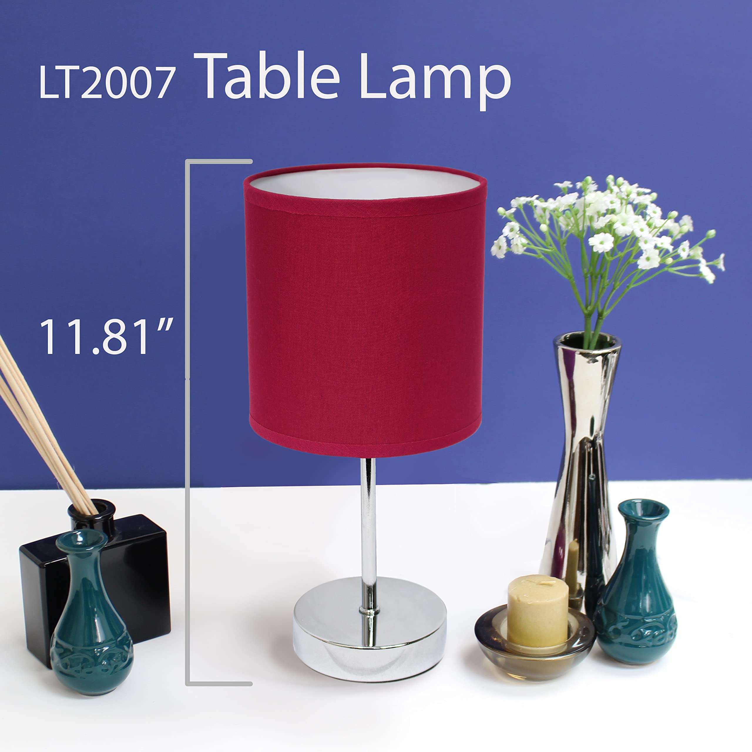 Simple Designs LT2007-WNE Chrome Mini Table Lamp, Fabric Shade, Wine, Pack of 24