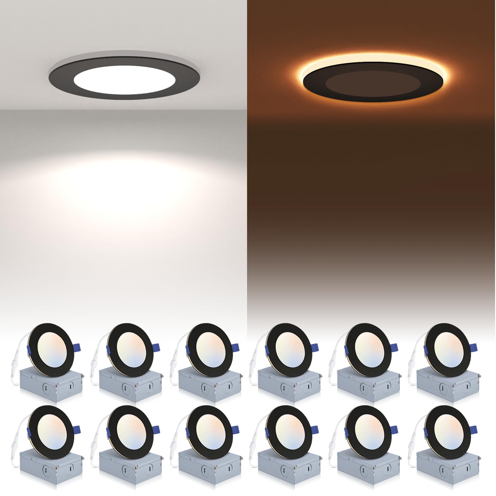POWERASIA 12 Pack 4 Inch Black Recessed Lighting, Dimmable 9W 700LM, 5CCT Selectable, Aluminum, ETL and Energy Star Certified