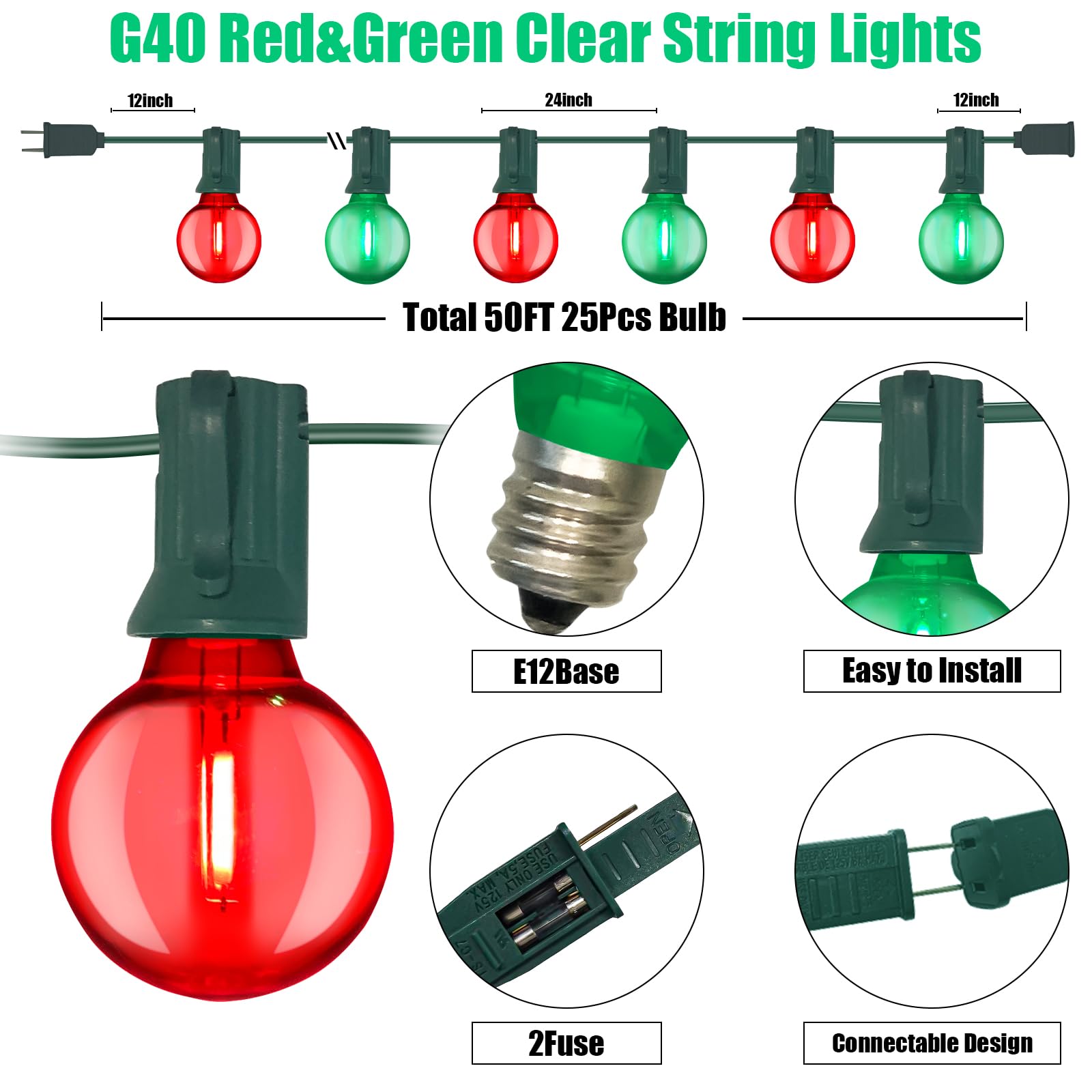 Abeja 50Ft Multicolor Christma Lights Outdoor  Red/Green Christmas Lights With 25 Led Colorful Bulbs(2 Spare)  Outside Christmas Hanging Light For Tree Roofline Holiday Party