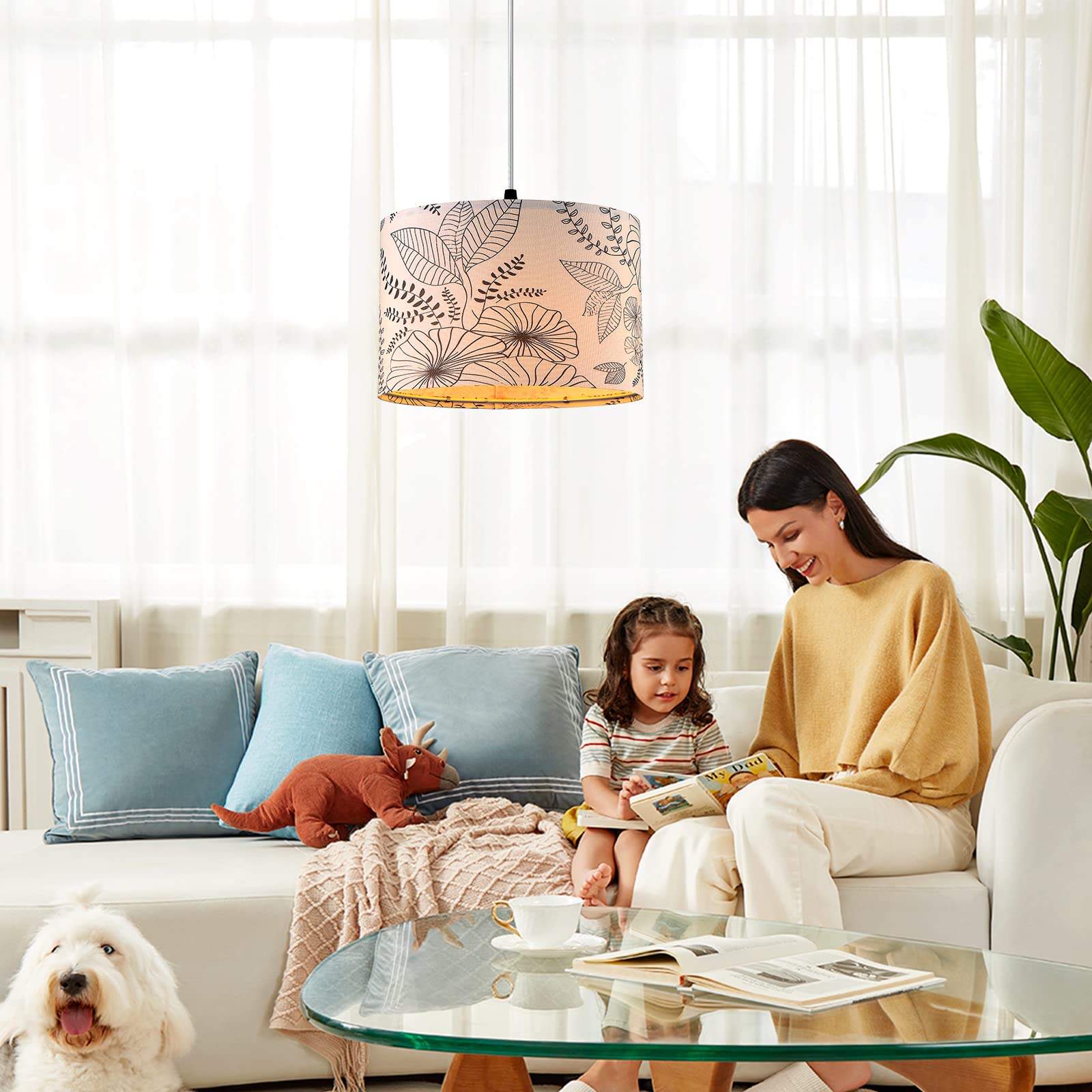 CINSARY Plug-in Pendant Light with Dimmable Switch, 15 ft Clear Cord, Linen Fabric, Flower Color, Bulb Included