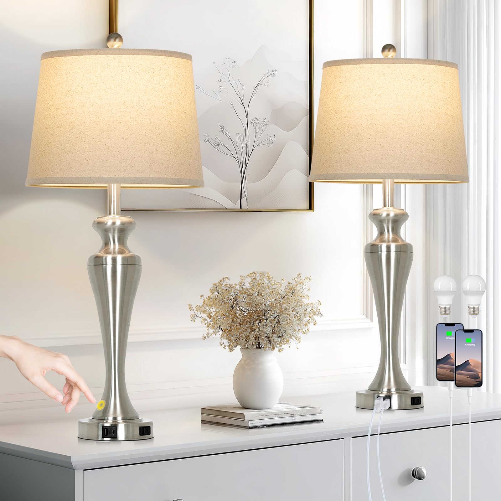 Ruzectt 30 Table Lamps Set of 2  3-Way Dimmable Touch Bedside Lamp with USB A+C Ports and AC Outlet  Tall Living Room Lamps for Side Table  Modern Brushed Nickel Bedroom Lamp for Nightstand  Silver