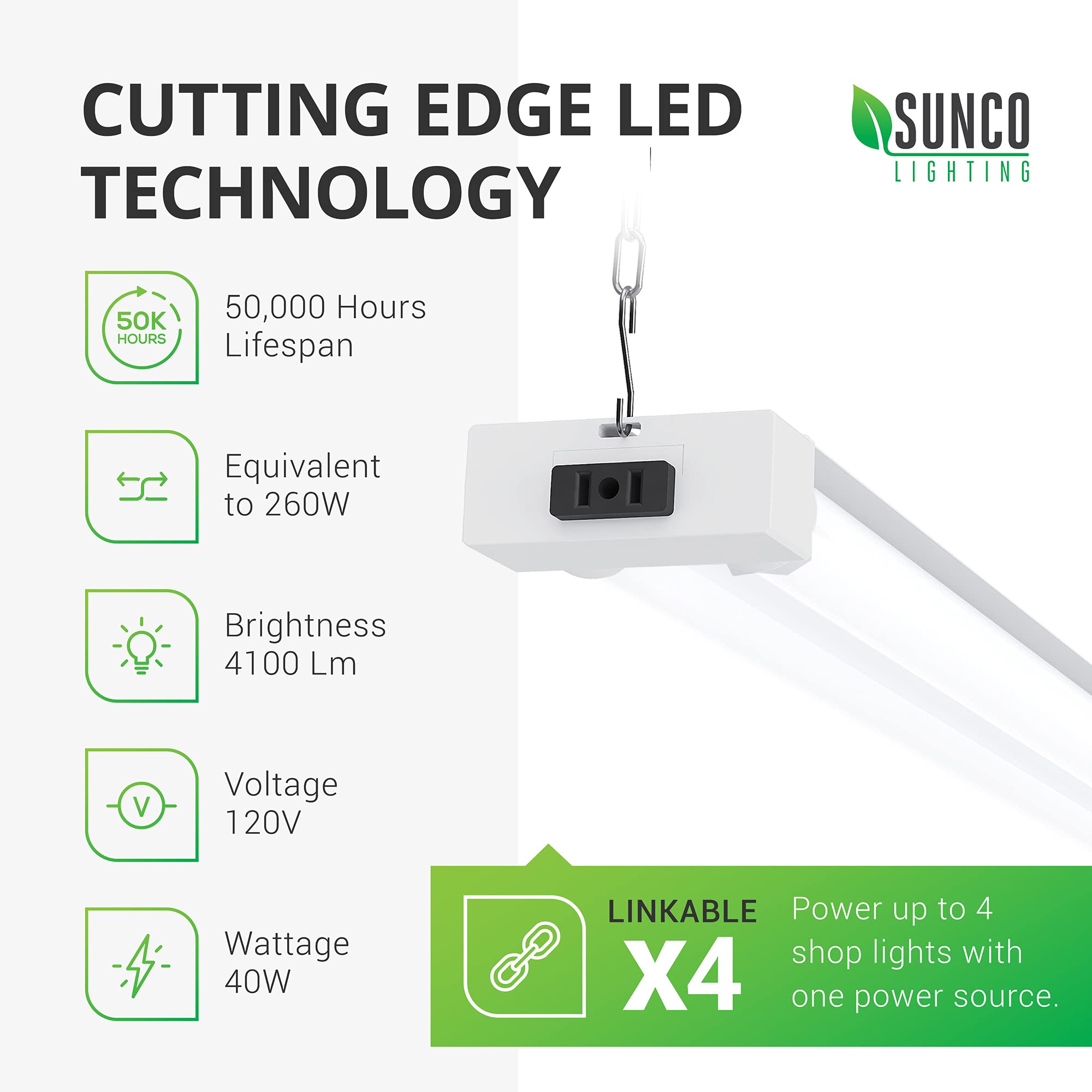 Sunco 16 Pack 40W=260W LED Shop Light for Workshop Garage 4FT, Plug in Clear Lens Linkable Utility Industrial Fixture, 5000K Day