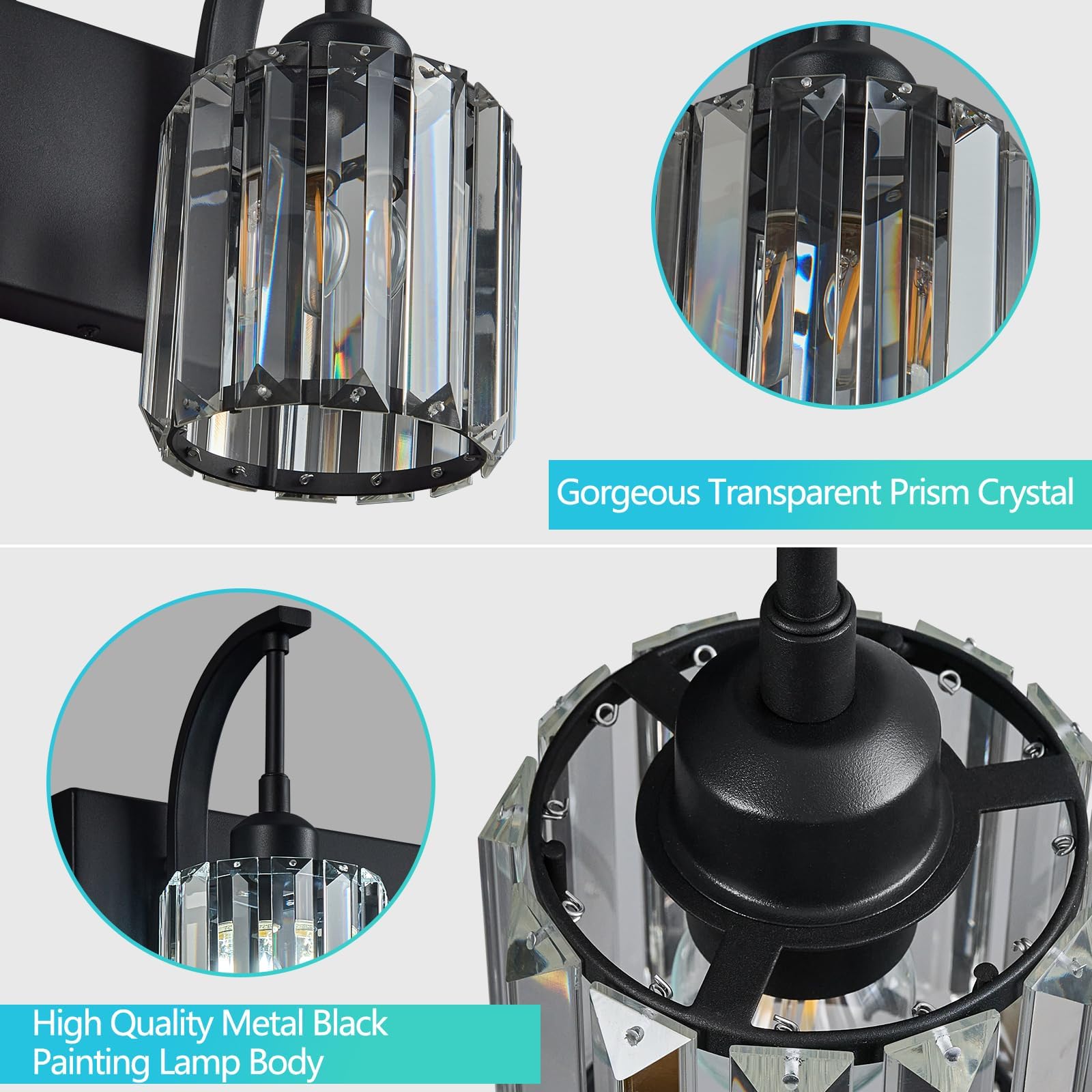 Fdpby 4-Light Crystal Vanity Light  Modern Black Bathroom Wall Sconce With K9 Crystal Shades  32.67 Long Over Mirror Lighting For Vanity  Makeup  Hallway  Elegant & Easy Install