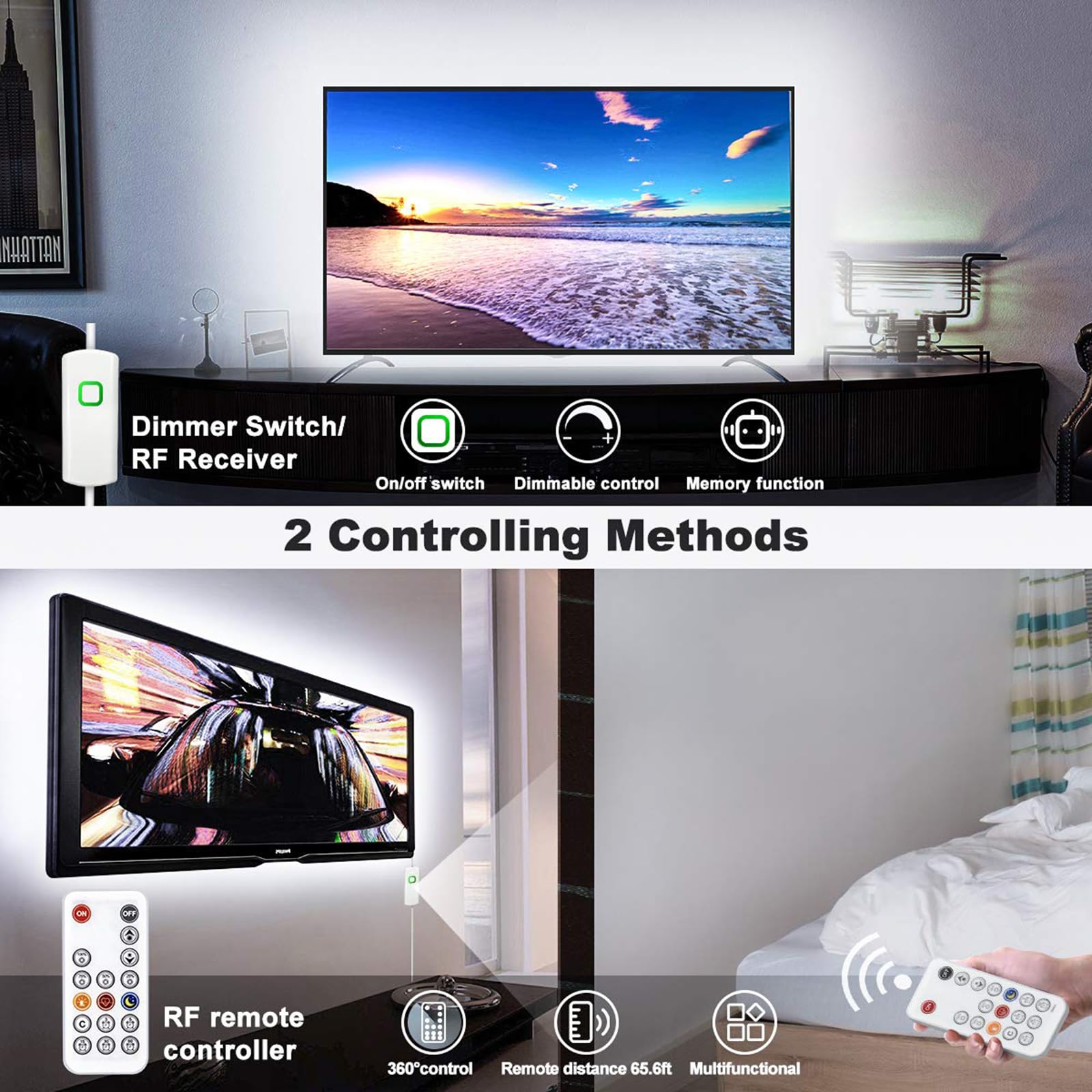 MY BEAUTY LIGHT LED Strip Lights 16.4ft White Dimmable 6500K with RF Remote, Adhesive Rope Lights for Living Room, Bedroom, Kitchen