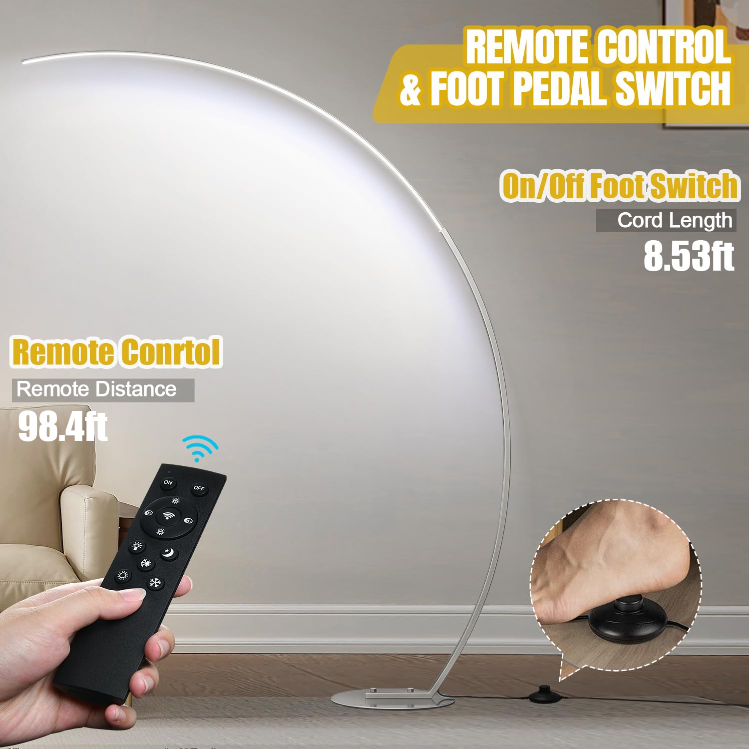 Dimmable Led Floor Lamp With 3 Color Temperatures, Ultra Bright 2000Lm Brushed Nickel Arc Floor Lamps For Living Room, Modern Ta