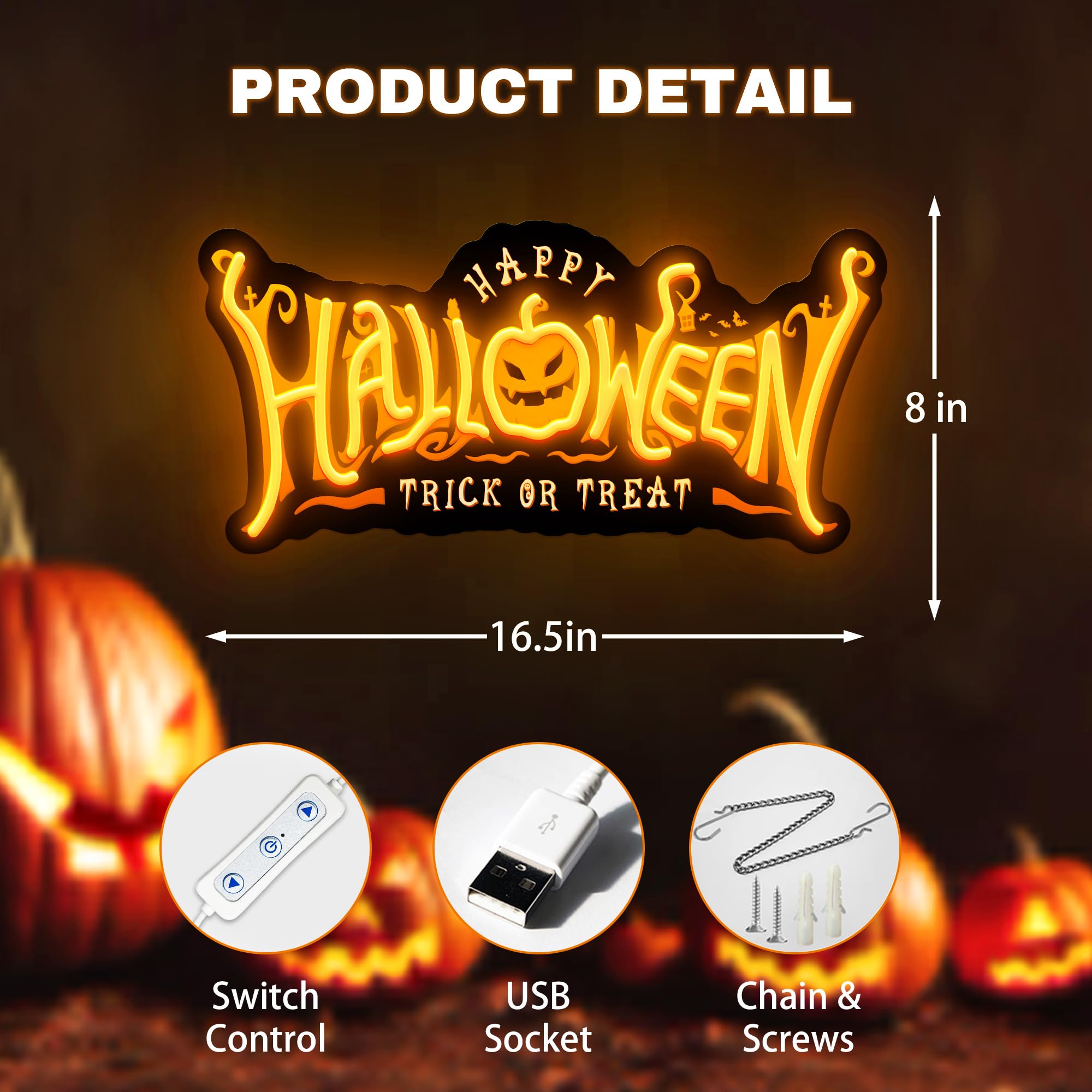 SELICOR Halloween Pumpkin Neon Sign, USB Powered Acrylic Light, 16.5inx8in, Orange