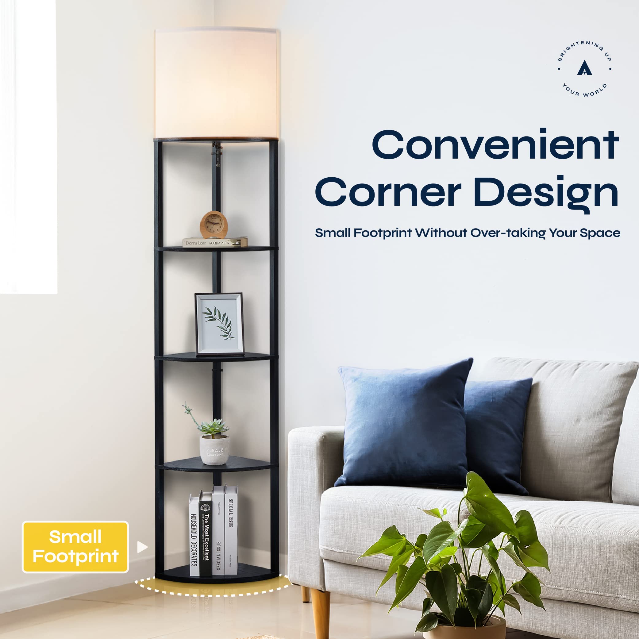 ATAMIN Corner Floor Lamp – 72" Tall with Shelves, Pull Chain Switch, Black – Modern Design for Living Room, Bedroom, Office, Model ATA011