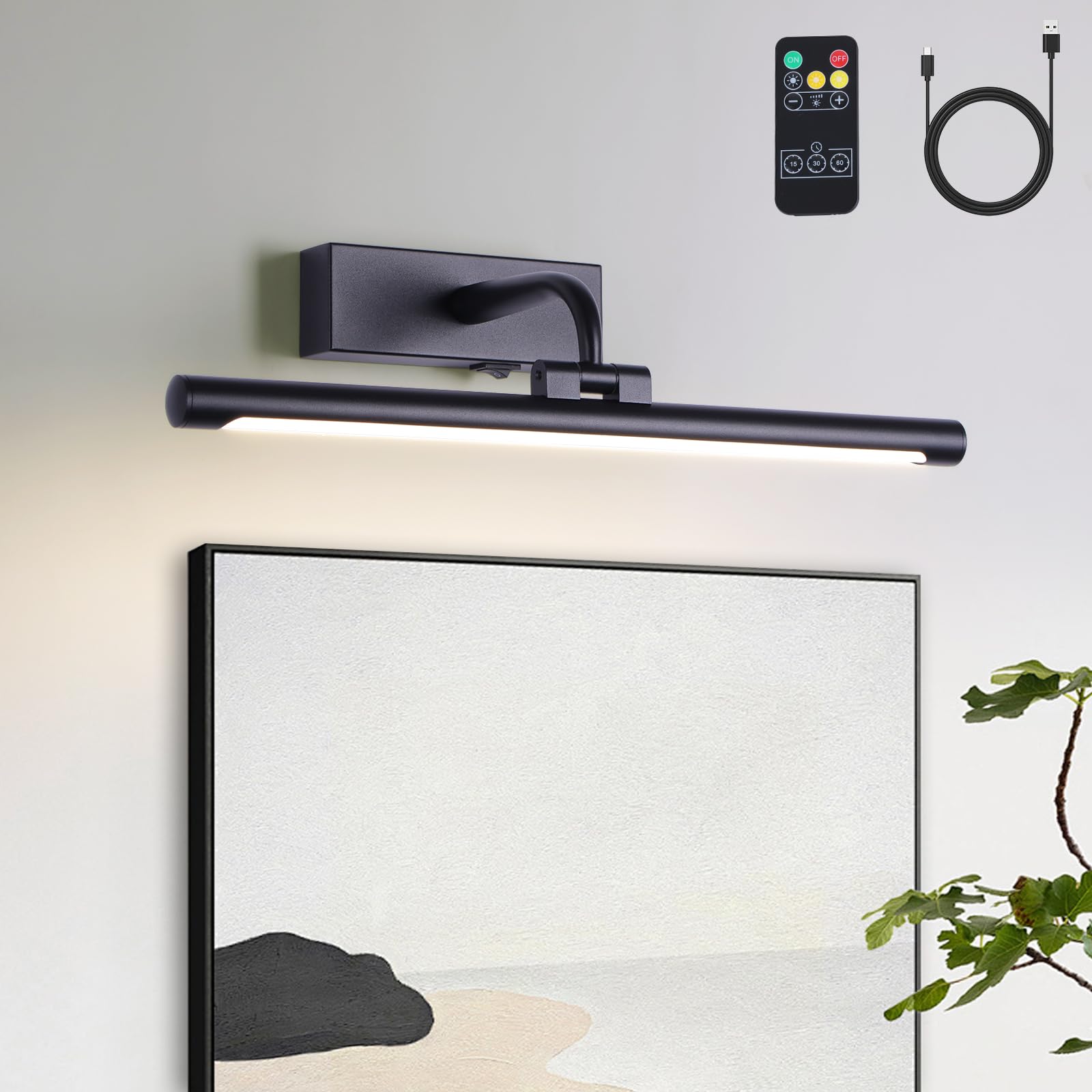 Led Picture Light Fixtures Rechargeable Battery Wall Light For Paintings, Dimmable And Timer Art Light, 3 Colors, Modern And Wir