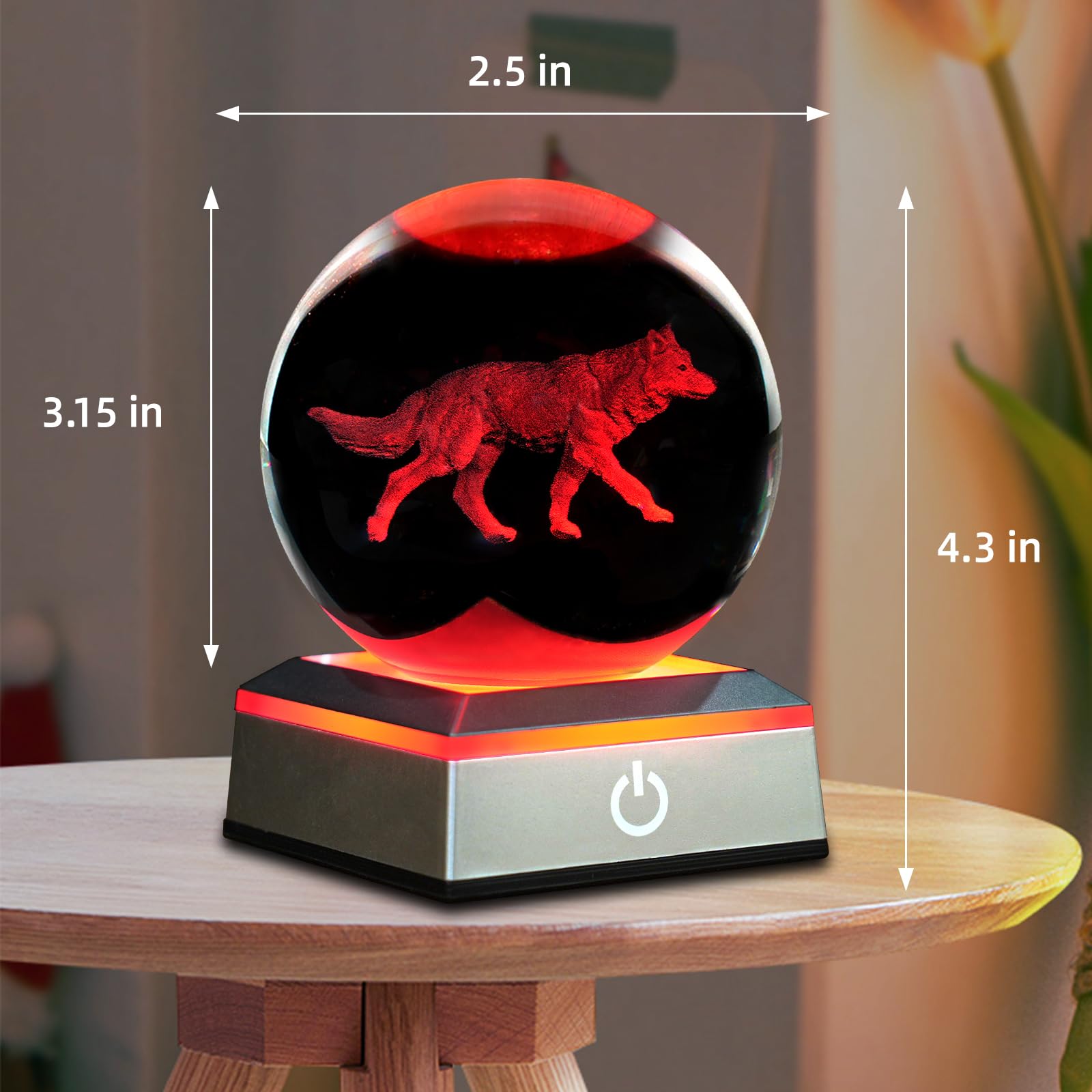 3D Wolf Crystal Ball Night Light 3.15 Inch Glass Ball Table Lamp With Color Changing Touch Base Decor Ideal Wolf Statue Decor Gi