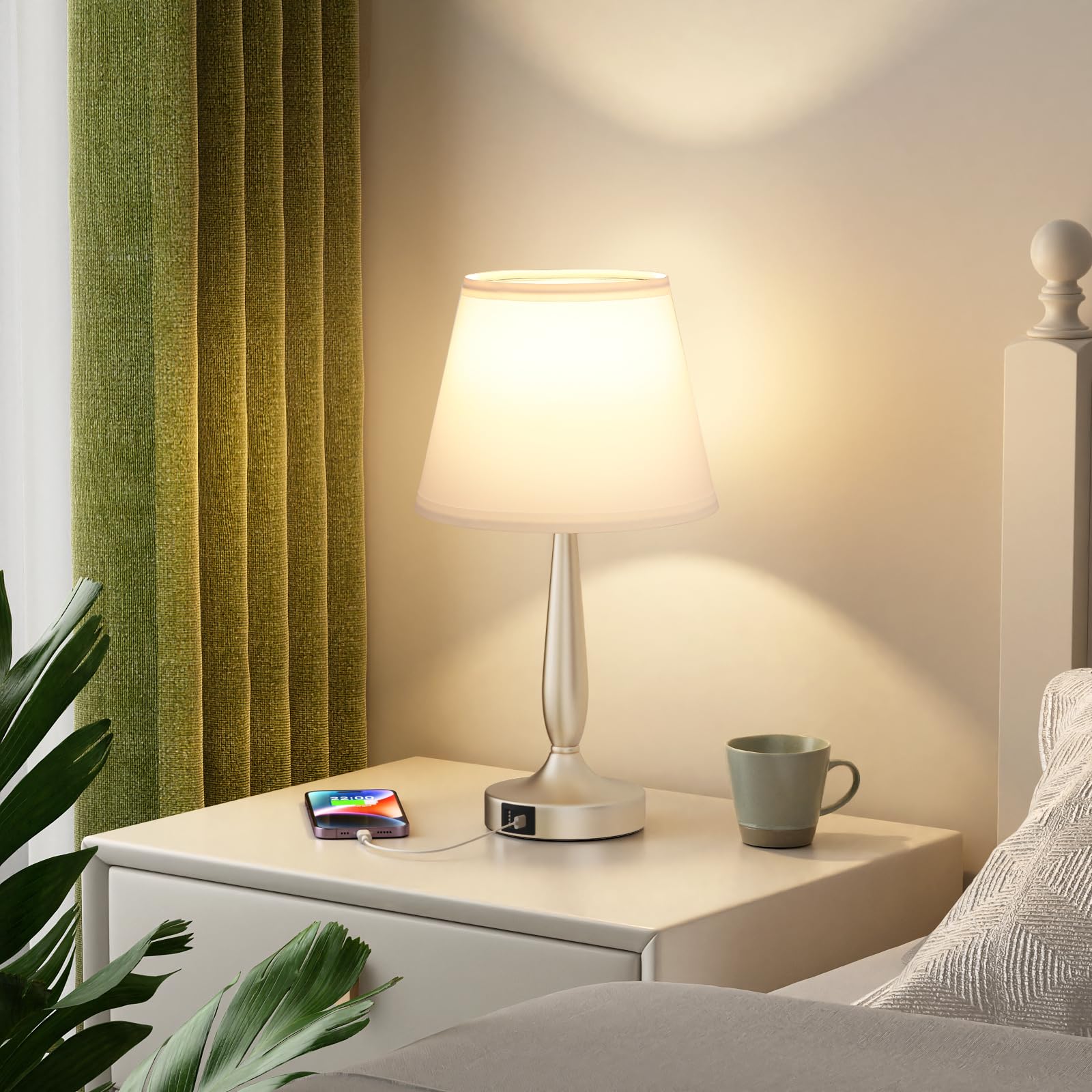 Kakanuo Touch Table Lamp - 3-Way Dimmable, USB C Charging, Small Nightstand Lamp, White Shade, Champagne Gold Base