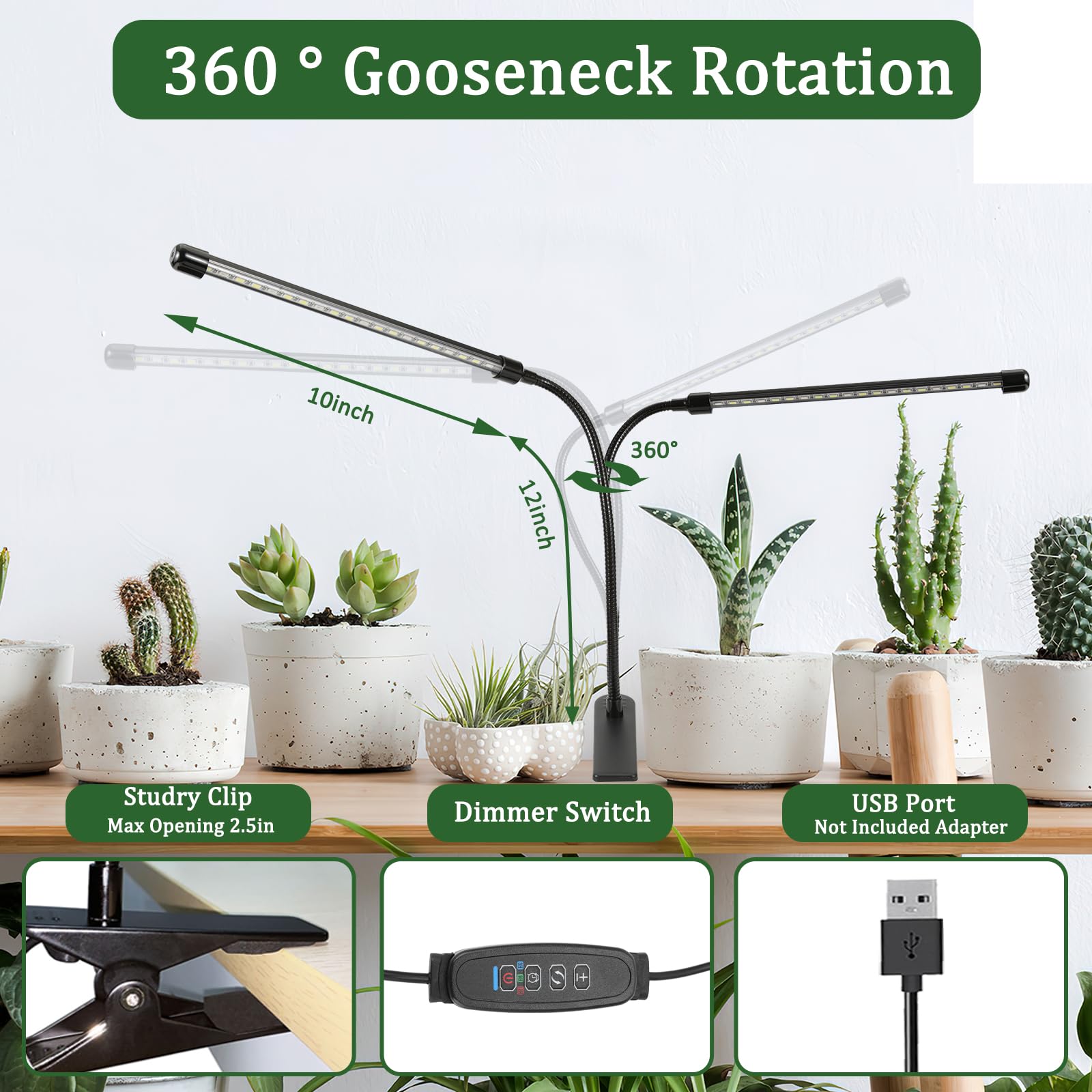 Otryad Grow Lights For Indoor 6000K White Red 40 Leds, Full Spectrum 9-Level Dimmable Indoor Plant Growing Light For Seed Starting, Auto On/Off Clip Led Plant Grow Lamp, 3/9/12H Timer, 2Packs