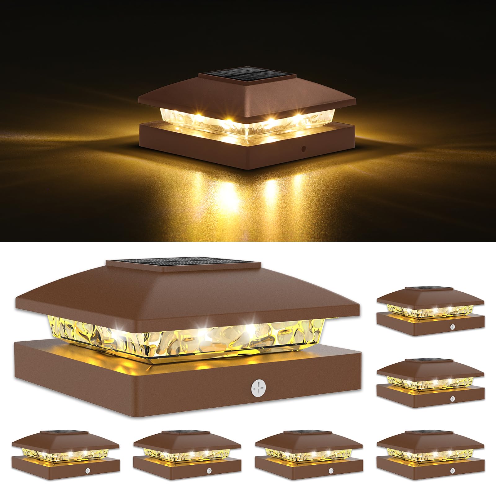 VOLISUN 4x4 Solar Post Cap Light 6pack,Solar Fence - Post Lights Brown Outdoor Waterproof for Wooden/Vinyl Post, with Warm White