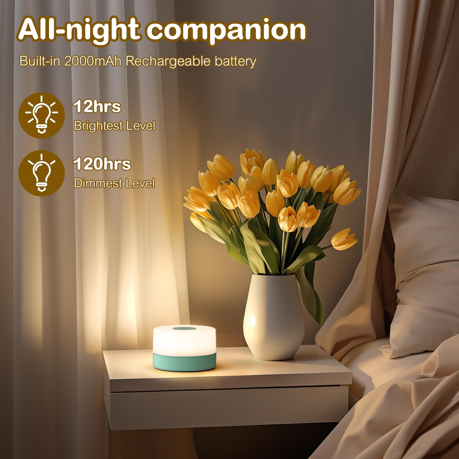 JUSHENG Rechargeable Baby Night Light LED Lamp, Dimmable, 3 Color Temperatures, Portable, Green, Model CG0025GR