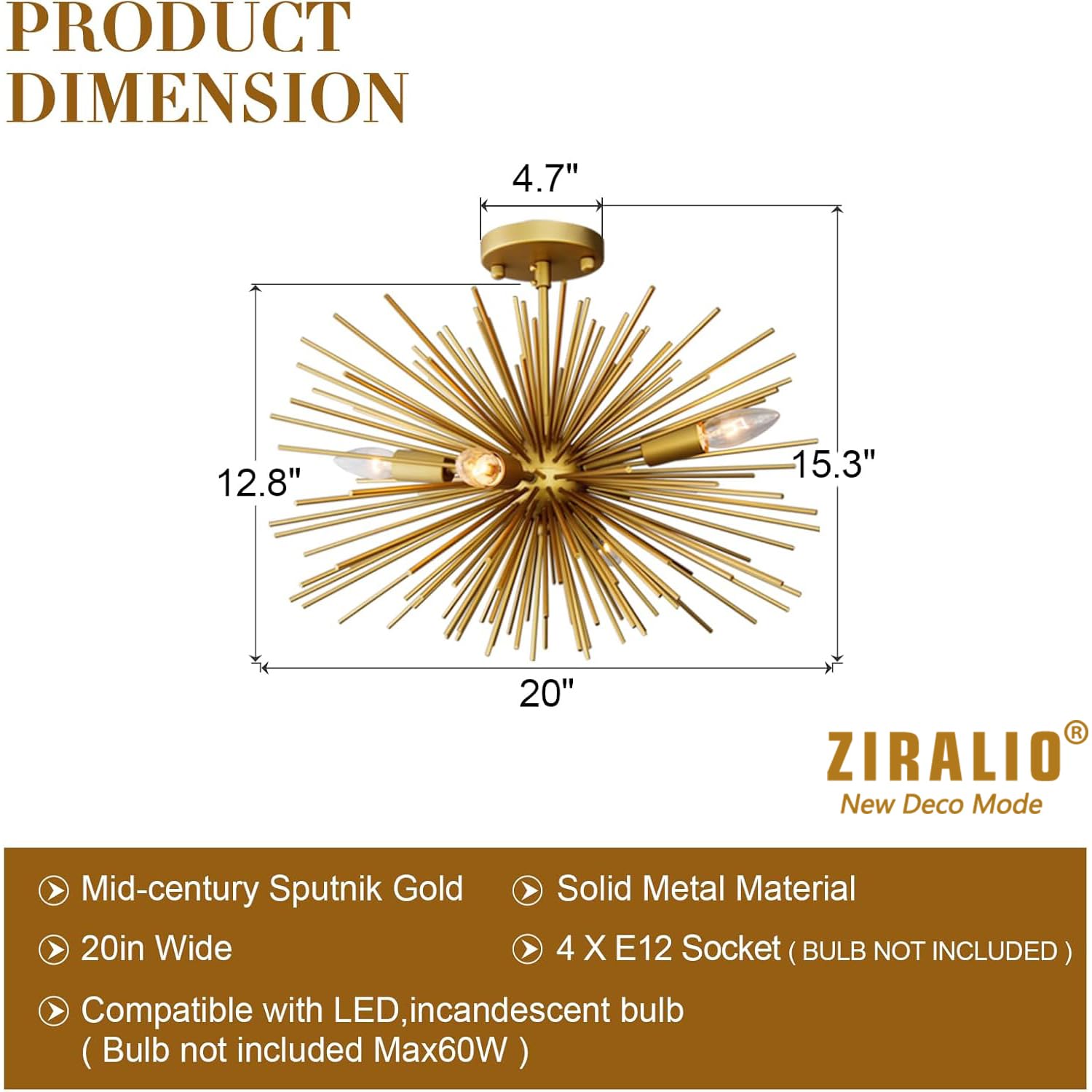 Ziralio Gold Sputnik Chandelier Modern Semi Flush Mount Ceiling Light Fixture Modern Golden Starburst Firework Chandelier For Di
