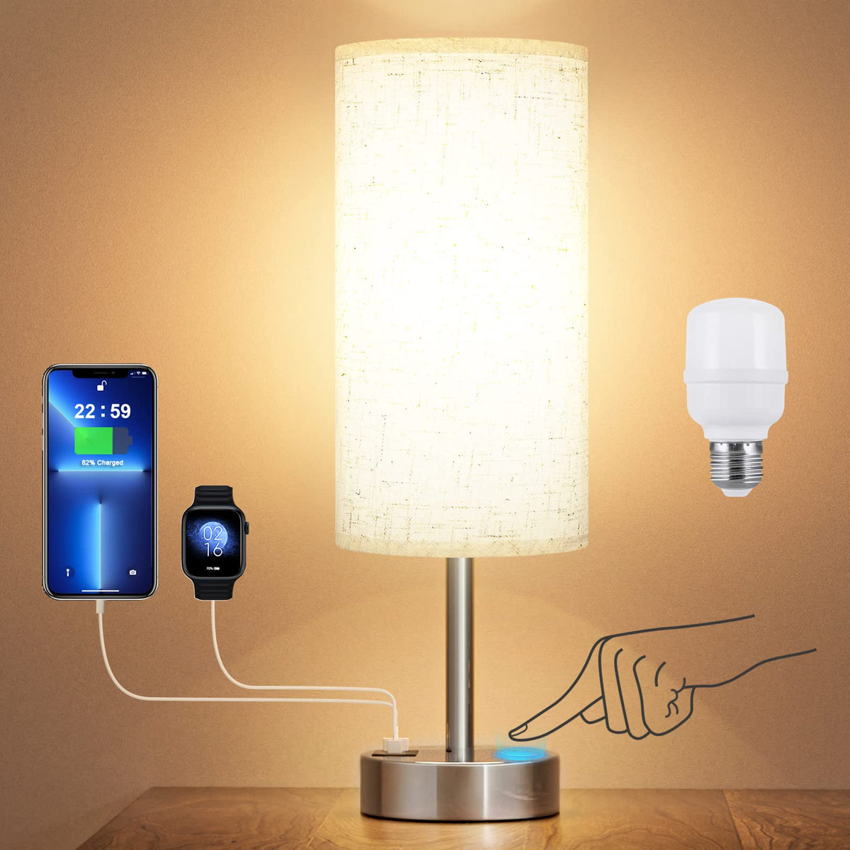 Bedside Touch Table Lamps For Bedroom Nightstand With Usb-C Usb-A Charging Ports White, 3 Way Dimmable Control Small Lamp Fabric