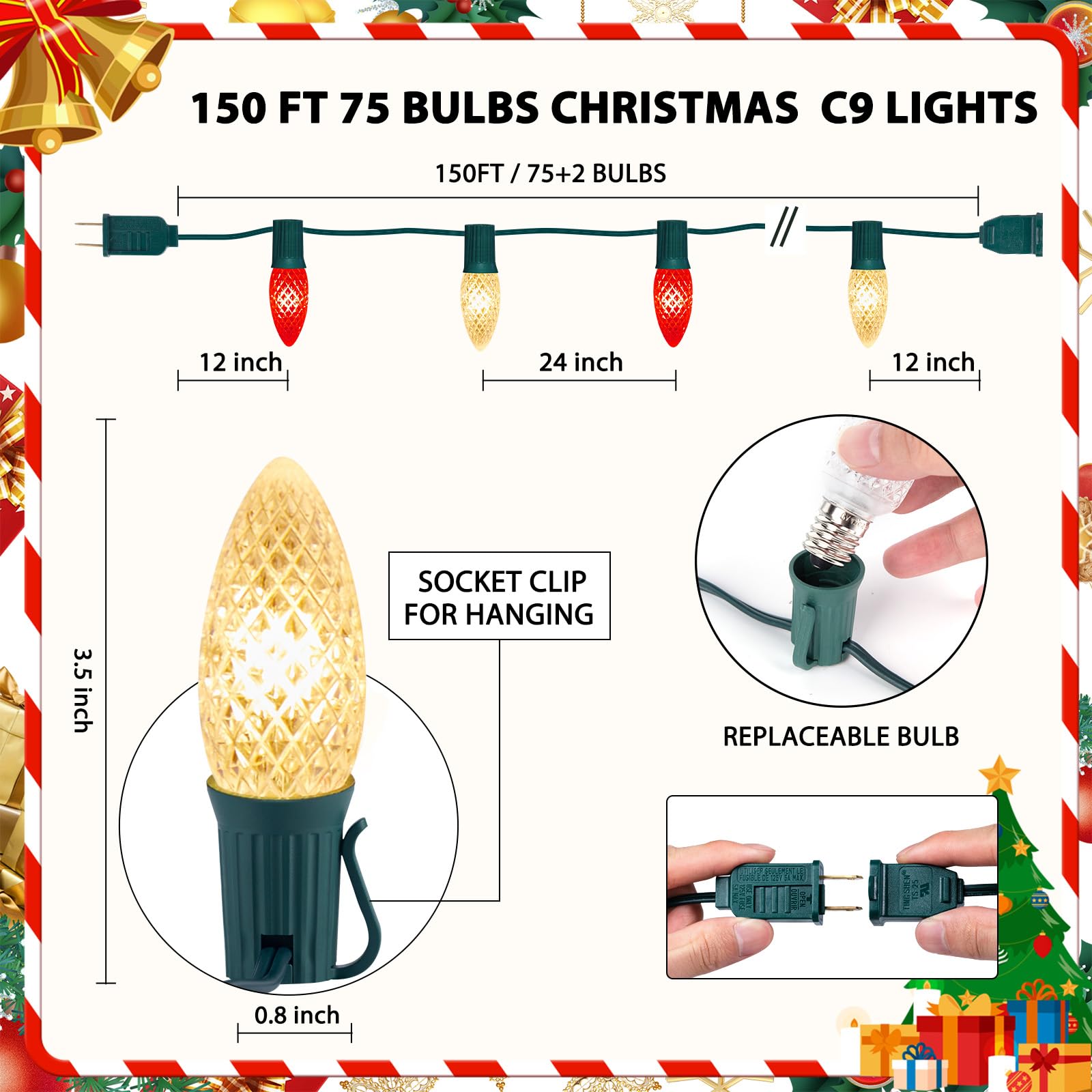 Minetom C9 LED Christmas Lights ·150 FT, 75 LED, Waterproof, Red and Warm White, Indoor/Outdoor Decor