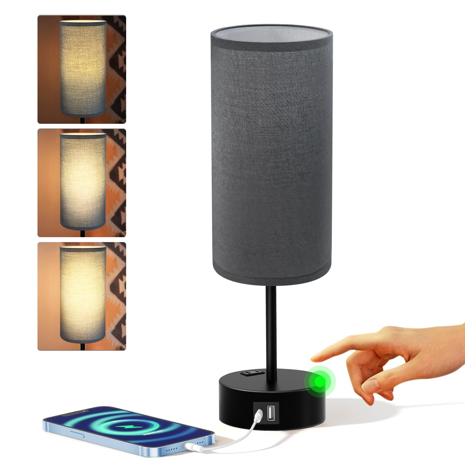 KPQ Touch Control Table Lamp with USB Ports & AC Outlet, 14in Small Size, Grey Shade-Black Base, 3-Way Dimmable Nightstand Lamp