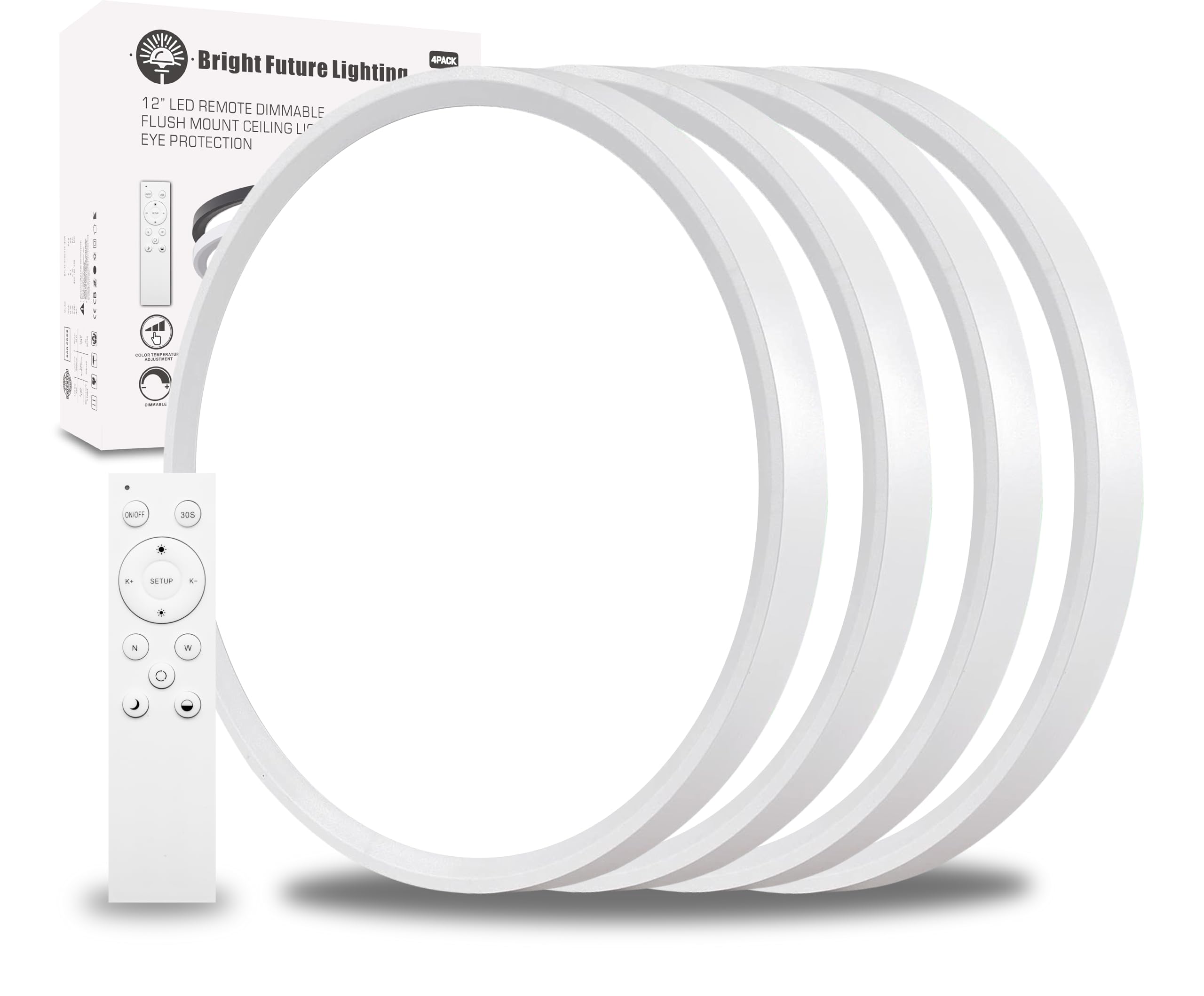 Bright Future Lighting 4Pack LED Flush Mount Ceiling Light 12 Inch 24W Dimmable Remote Control White Model BFL12RD-D300H23-24W