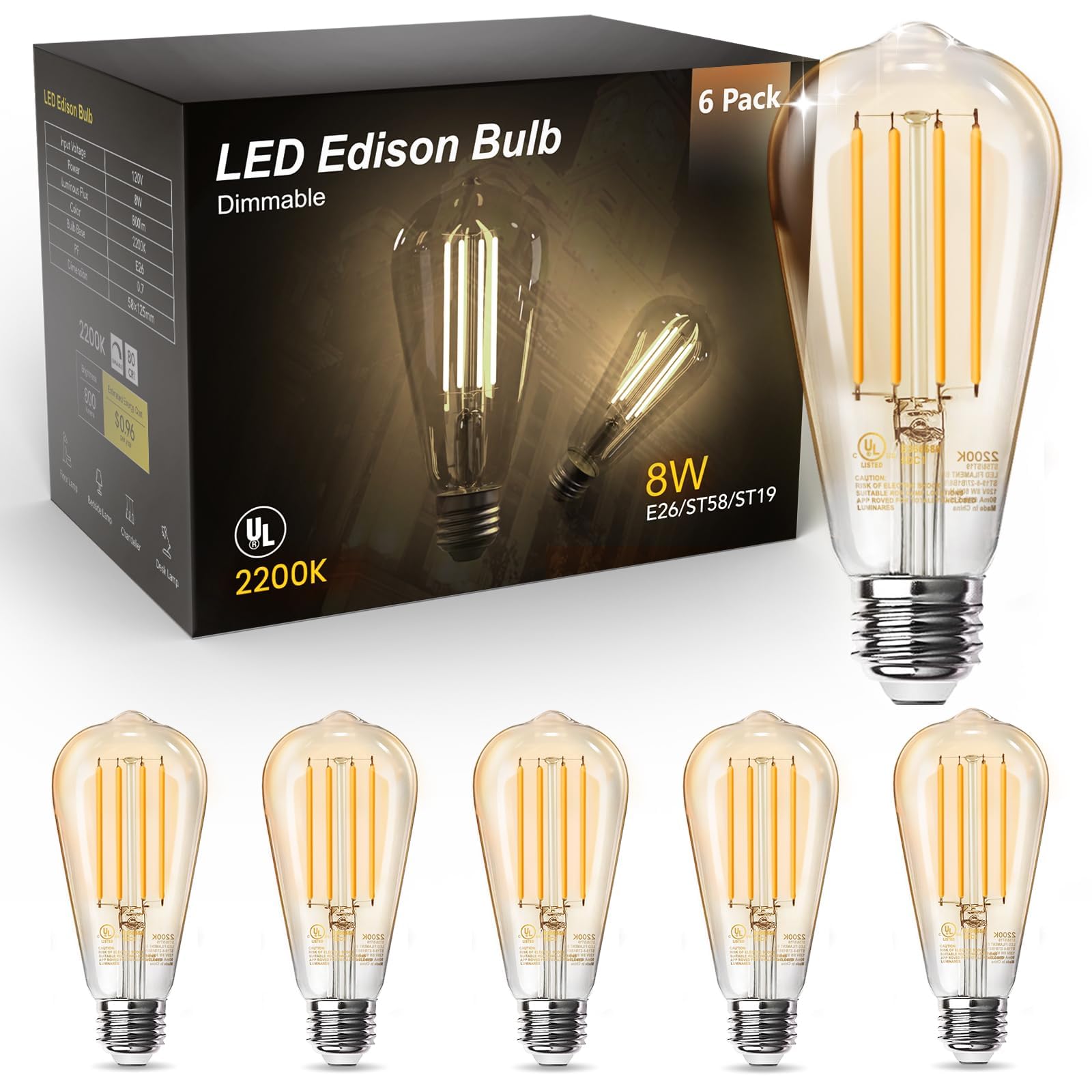 Tjoy 6 Pack Vintage 8W St58 Led Edison Amber Light Bulbs, 60W Equivalent, 800 Lumens, 2200K Soft White, Dimmable, E26 Base Led F