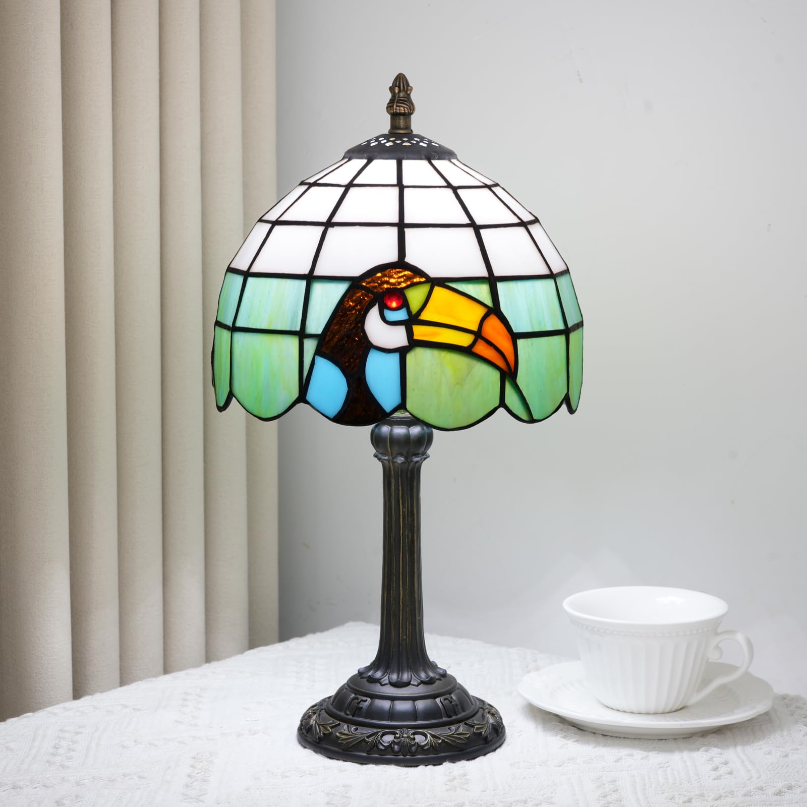 TIFLRIS Small Tiffany Lamp Stained Glass Table Lamp 8 Inch Vintage Green Toucan Pattern with Orange Blue Accents Cute Unique Bed