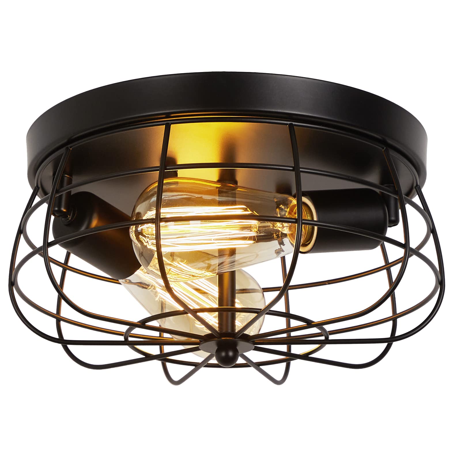Industrial Black Flush Mount Ceiling Light 2-Light Farmhouse Ceiling Light Fixtures Metal Cage Ceiling Lighting For Hallway, Kit