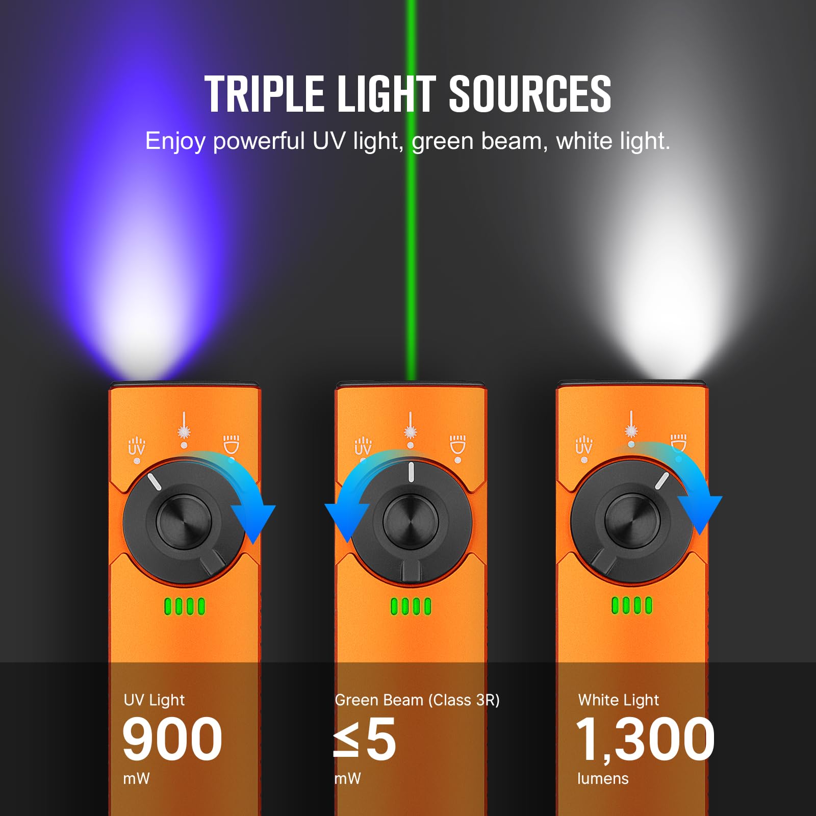 OLIGHT Arkfeld Pro Rechargeable EDC Flashlight, 1300 Lumens, Green Beam & UV LED, Portable Pocket Light, Orange