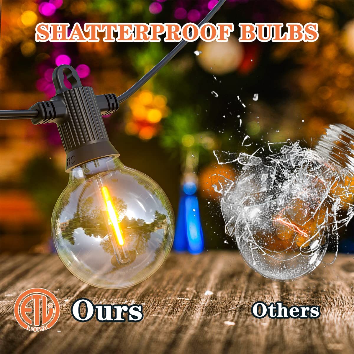 Kawaya Outdoor String Lights 25 Ft Led Patio Lights With 12+1 Shatterproof Edison Globe Bulbs - Ip65 Waterproof Dimmable Hanging