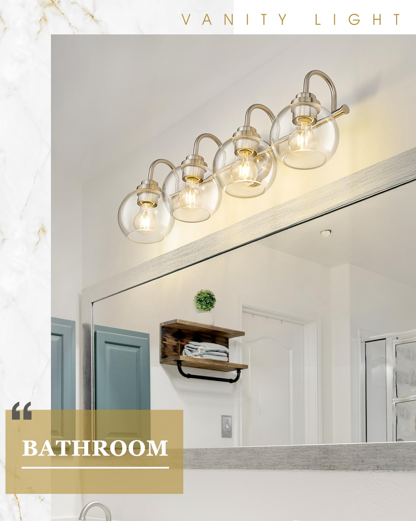 Audickic 4-Light Bathroom Light Fixtures, Brushed Nickel Vanity Lights with Clear Glass, 30 Inch, Model AD-22280-4W-SN
