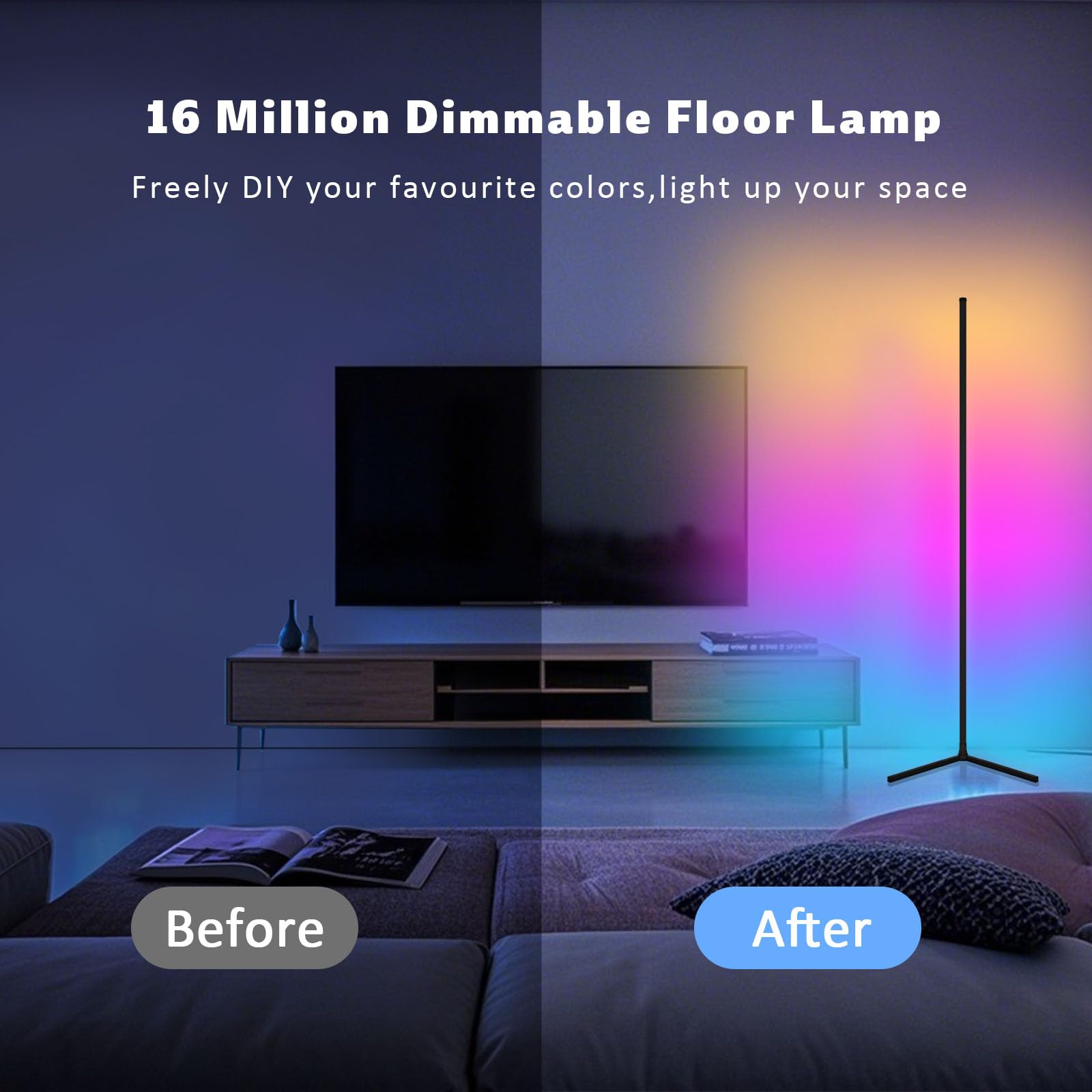 Tyute Smart RGB Floor Lamp with Remote Control, Color Changing LED, App Compatible, Black