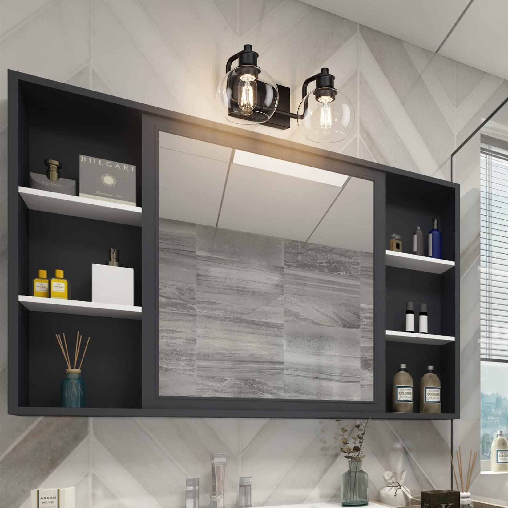 Tipace Black 2-Light Industrial Bathroom Vanity Light Fixture With Clear Glass Globe Sconces