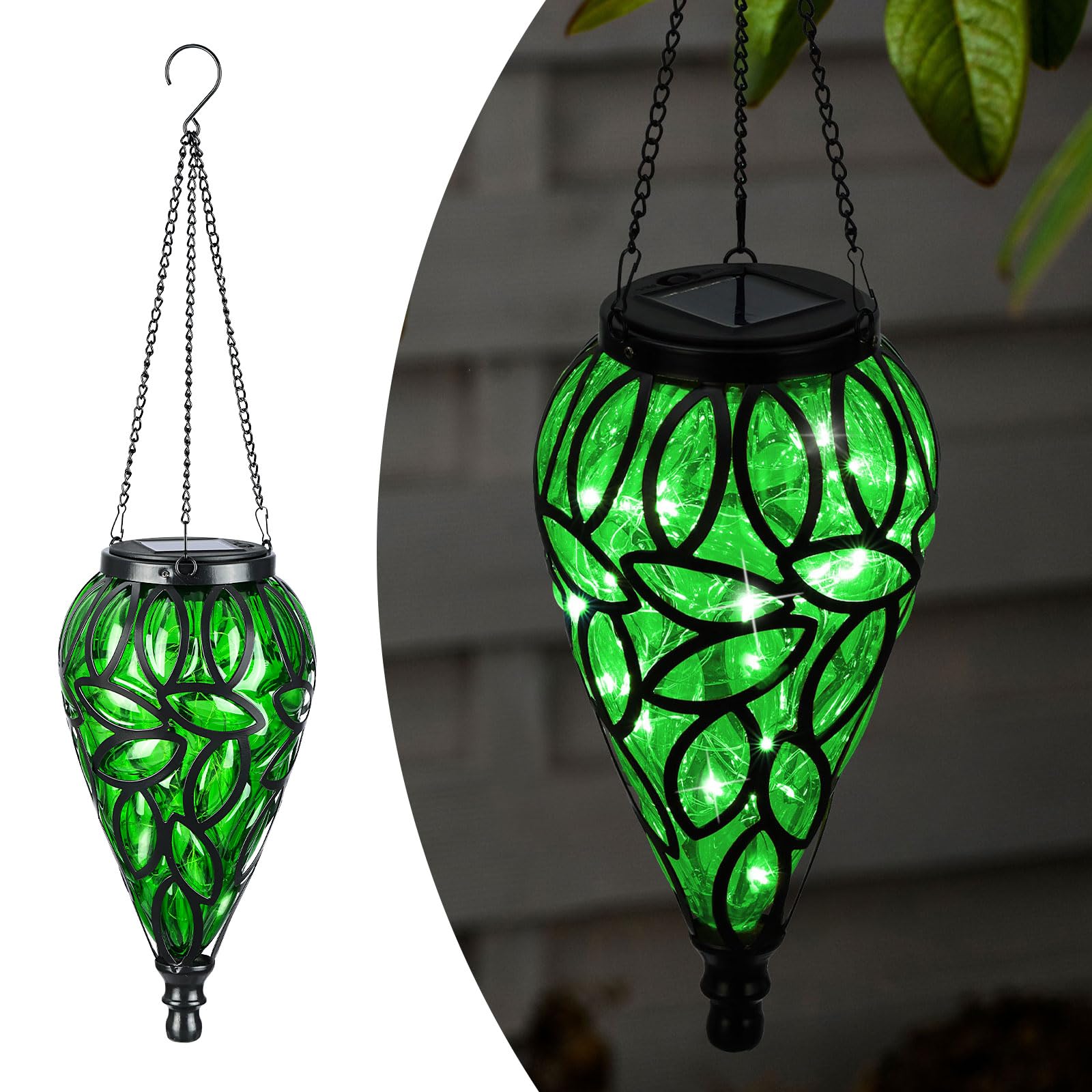 LEWIS&WAYNE Solar Hanging Lantern, 15 LEDs, Cool White Light, Green, Tear-Shaped, Outdoor Decor for Garden and Pathway