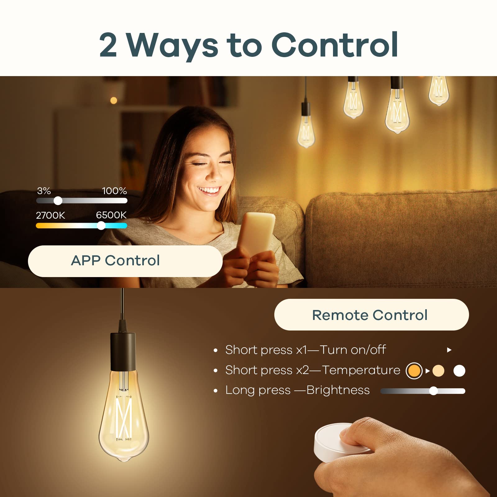 Linkind E26 Smart Edison Bulbs, 2700K-6500K Tunable Wifi Edison Bulbs With Remote Control, 8W 60W Equivalent Dimmable St19 (St58