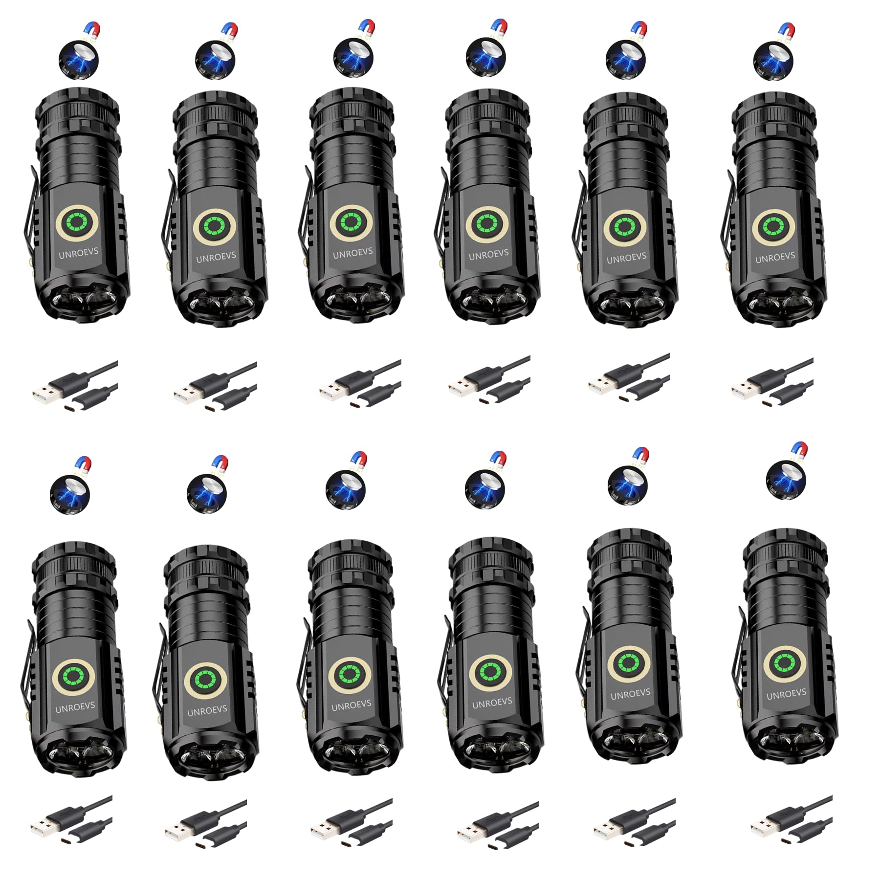 UNROEVS Mini Flashlight 2550 Lumens, Rechargeable USB-C, 5 Modes, Pocket Size, Aluminum, Black, 12 Pack