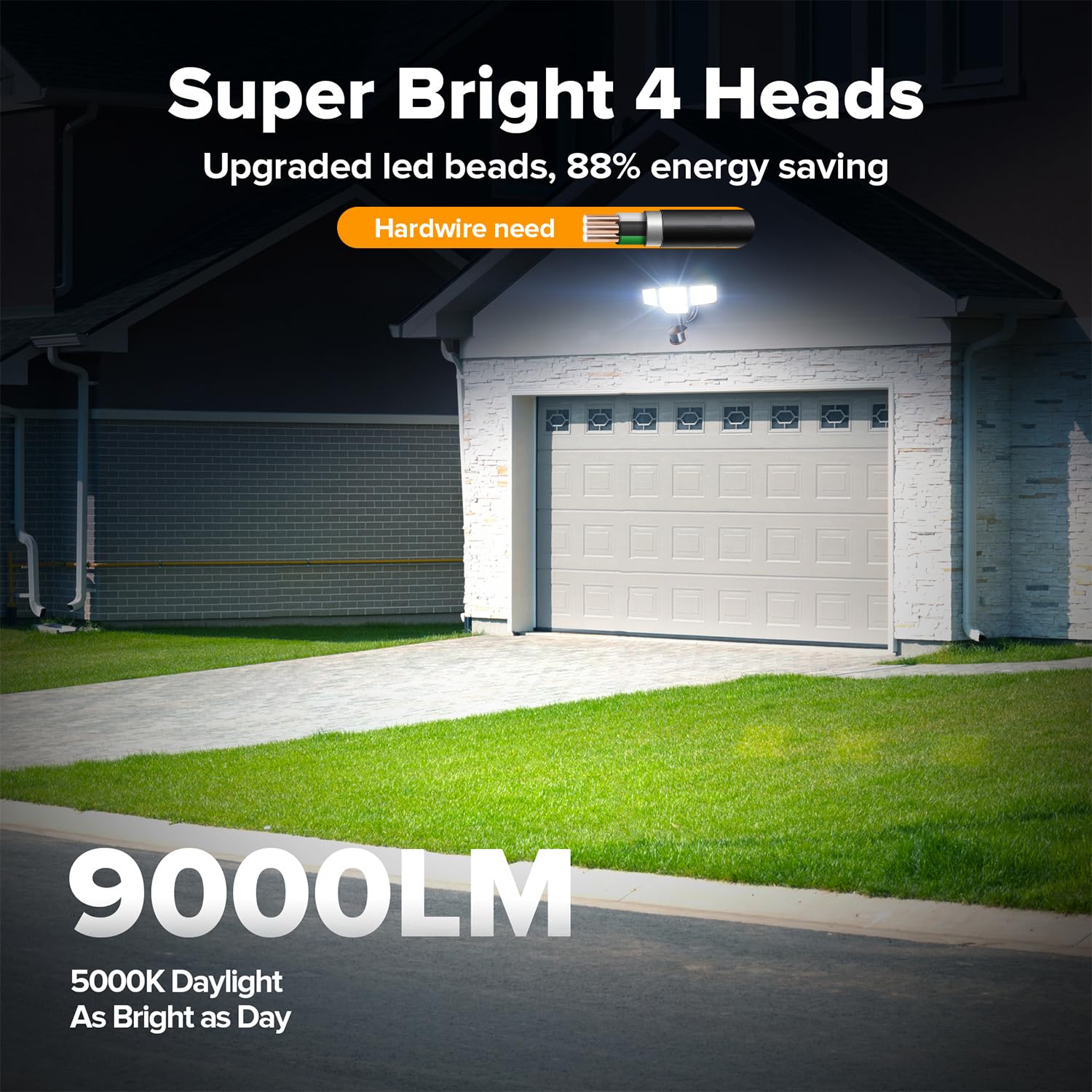 LUTEC 80W LED Security Light with Motion Sensor, 9000LM, 4 Head, IP65 Waterproof, 5000K Daylight, Brown, Model 7632816012