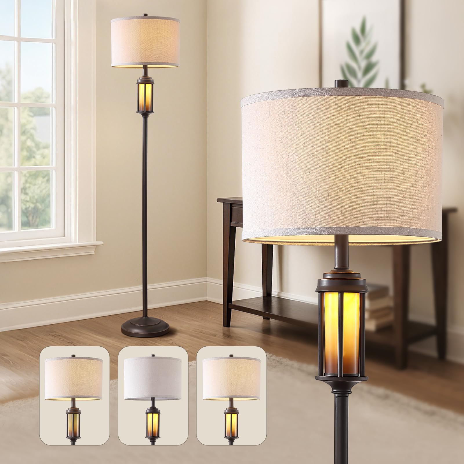 AIEAMPDO 65 Farmhouse Floor Lamp for Living Room Bedroom with 2 Light Sources, Rustic Vintage Tall Standing Lamp with Amber Ni