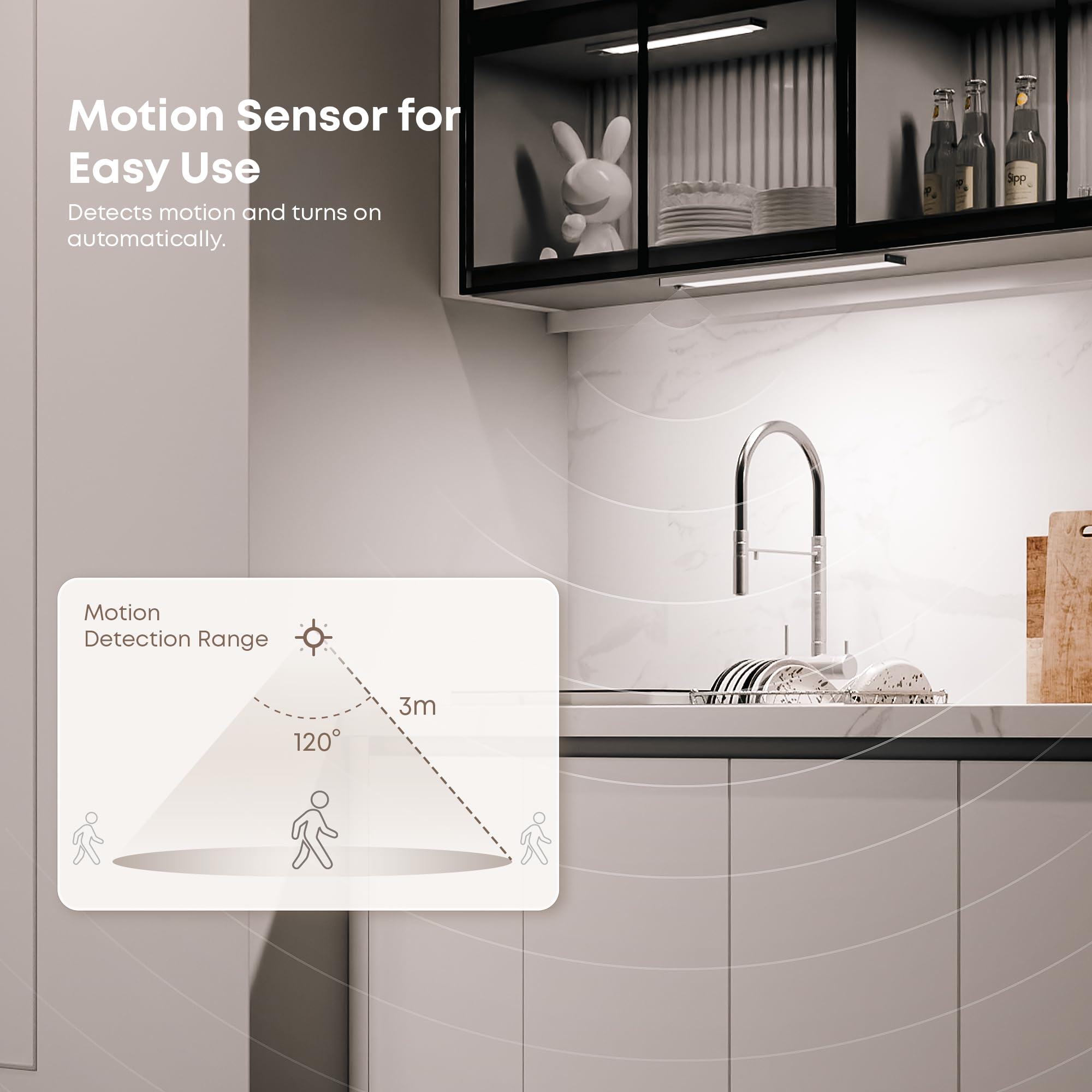 LROLTEF Under Cabinet Lights, 2 Pack Wireless Magnetic Dimmable 32 LED Motion Sensor, USB Rechargeable, Silver, 8.3 Inch for Kitchen & Stairs