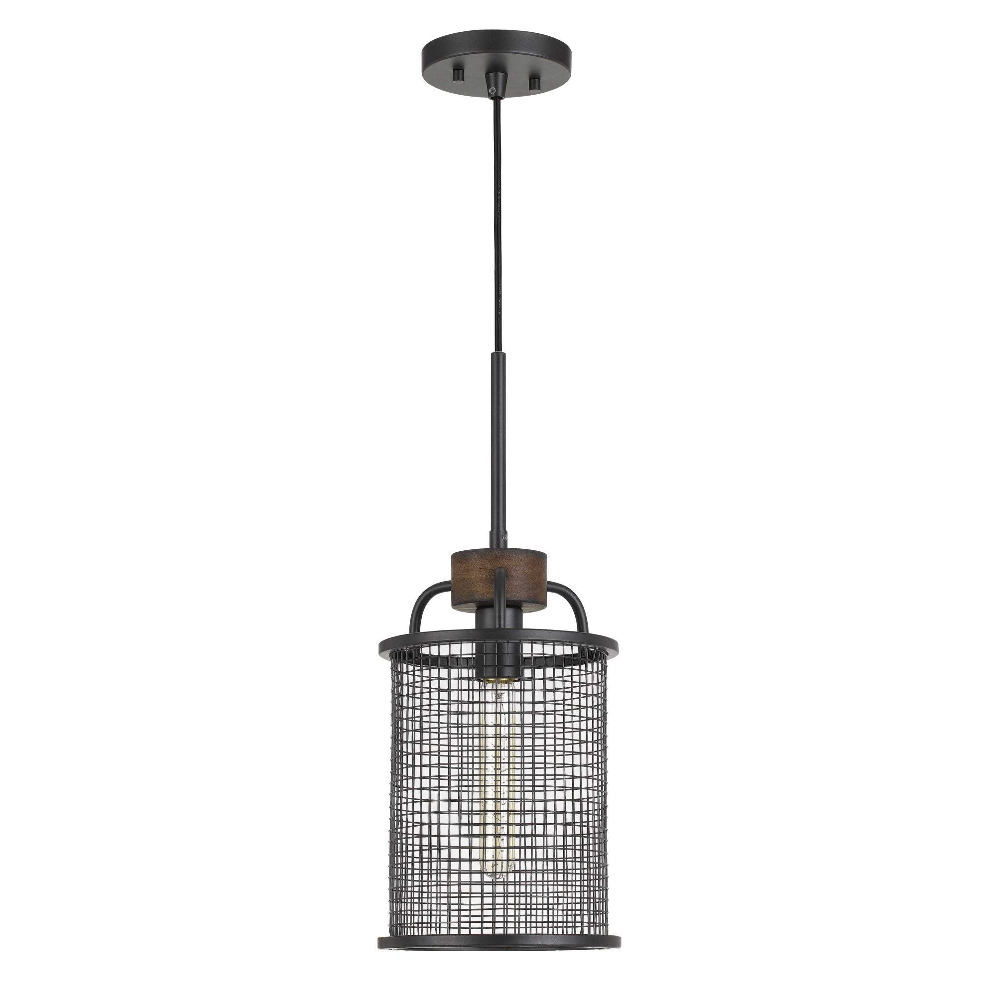 Benjara Bm233266 19.5 X 7.75 X 7.75 In. Cylindrical Grid Design Metal Chandelier With Wooden Accent, Black