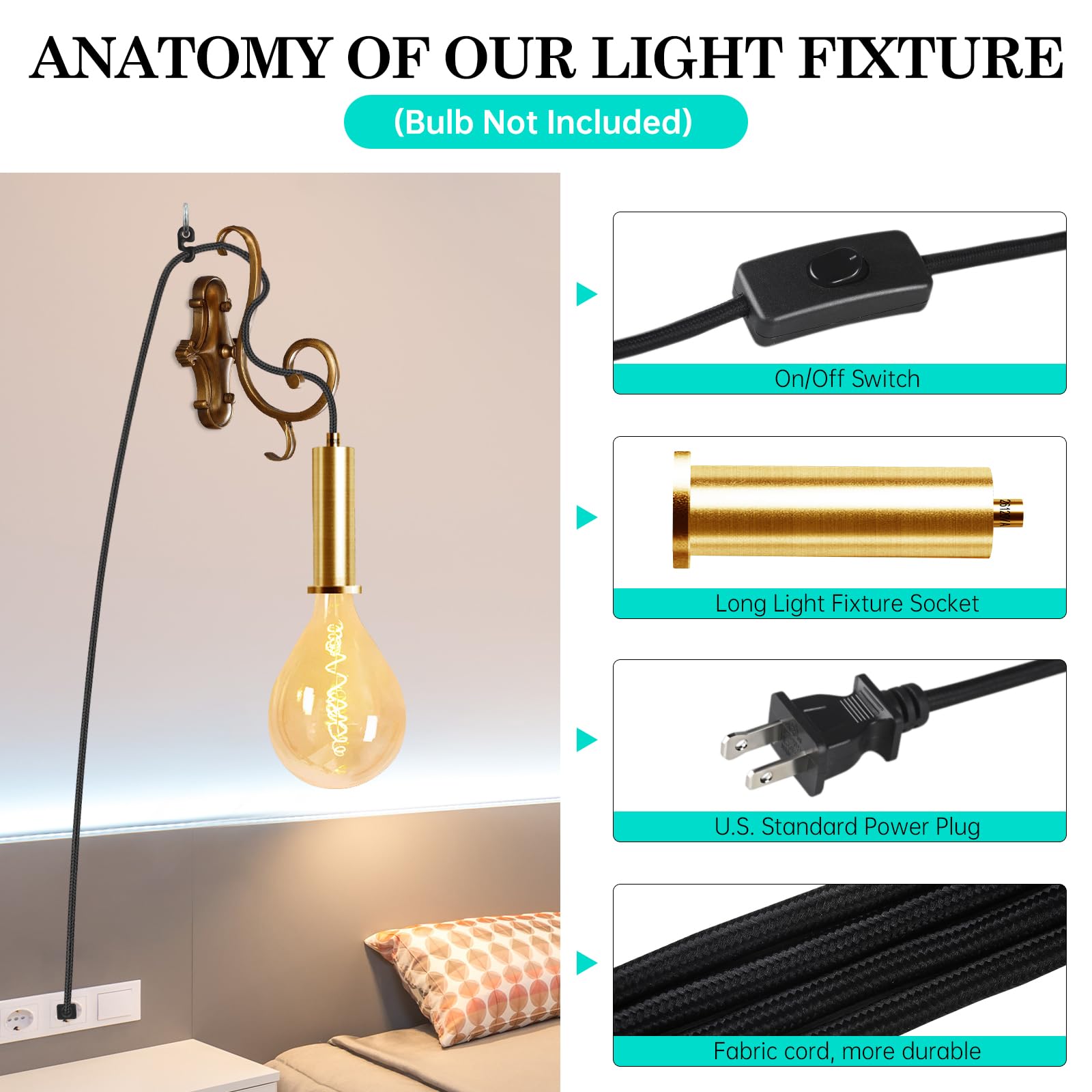 Amdtu Plug In Pendant Light Fixtures With Cord Hanging Lamp, 15Ft Hanging Lights With Golden Long E26 Socket, Industrial Decor D