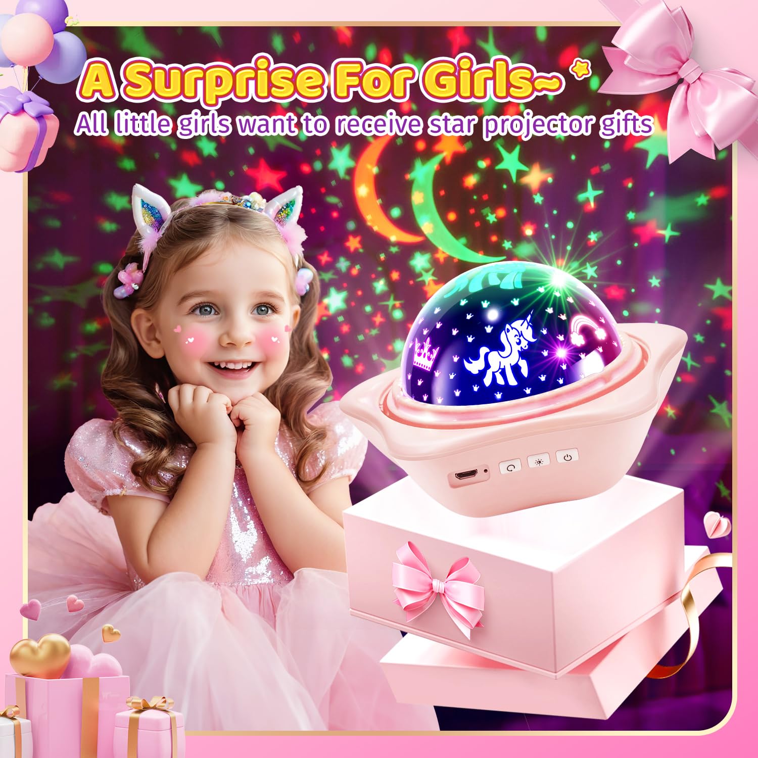 PIKOY Kids Night Light Projector - 90 Modes, 6 Films, Dimmer, Timer, Rechargeable, Pink Butterfly/Princess/Mermaid Room Decor