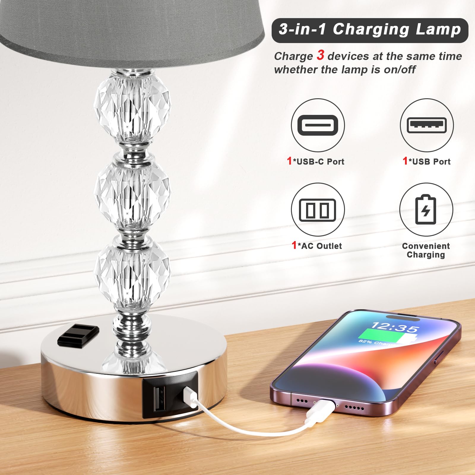 Acaxin Lamps For Bedrooms Set Of 2 Nightstand- Crystal Table Lamps With Usb C+A Ports & Ac Outlet For Charging, 3 Way Dimmable T
