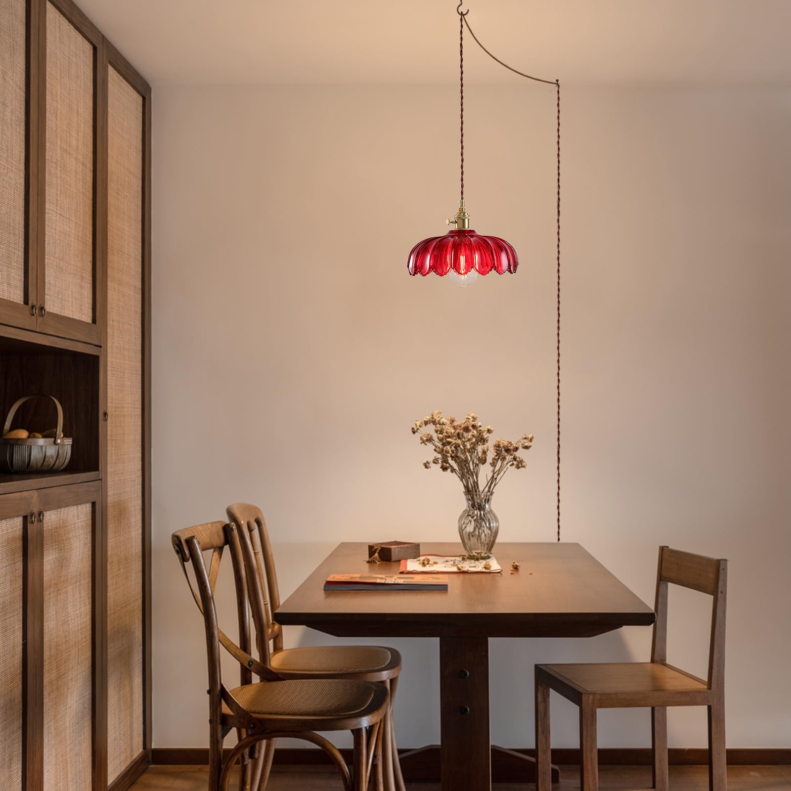 XZHGCEE Plug-in Pendant Light, Red Glass Hanging Lamp, E26 Compatible, Model 6202401, Ideal for Kitchen, Bedroom, Dining Room, Living Room