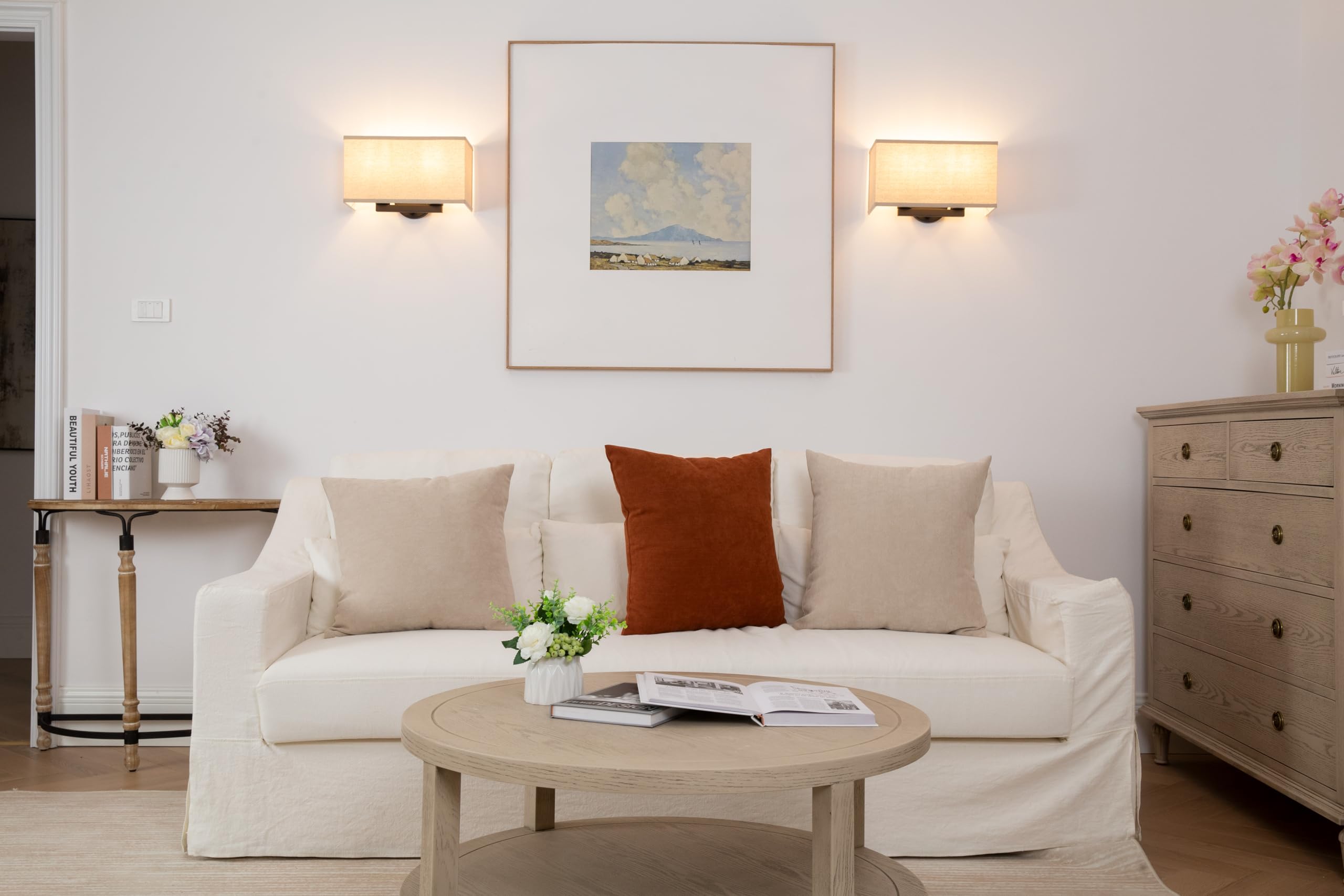 Yosoan Linen Boho Wall Sconce Stairwell Fixture Light, 2-Light Indoor Hardwired Vanity Dual Vintage Industrial Bedside Sconce Wa