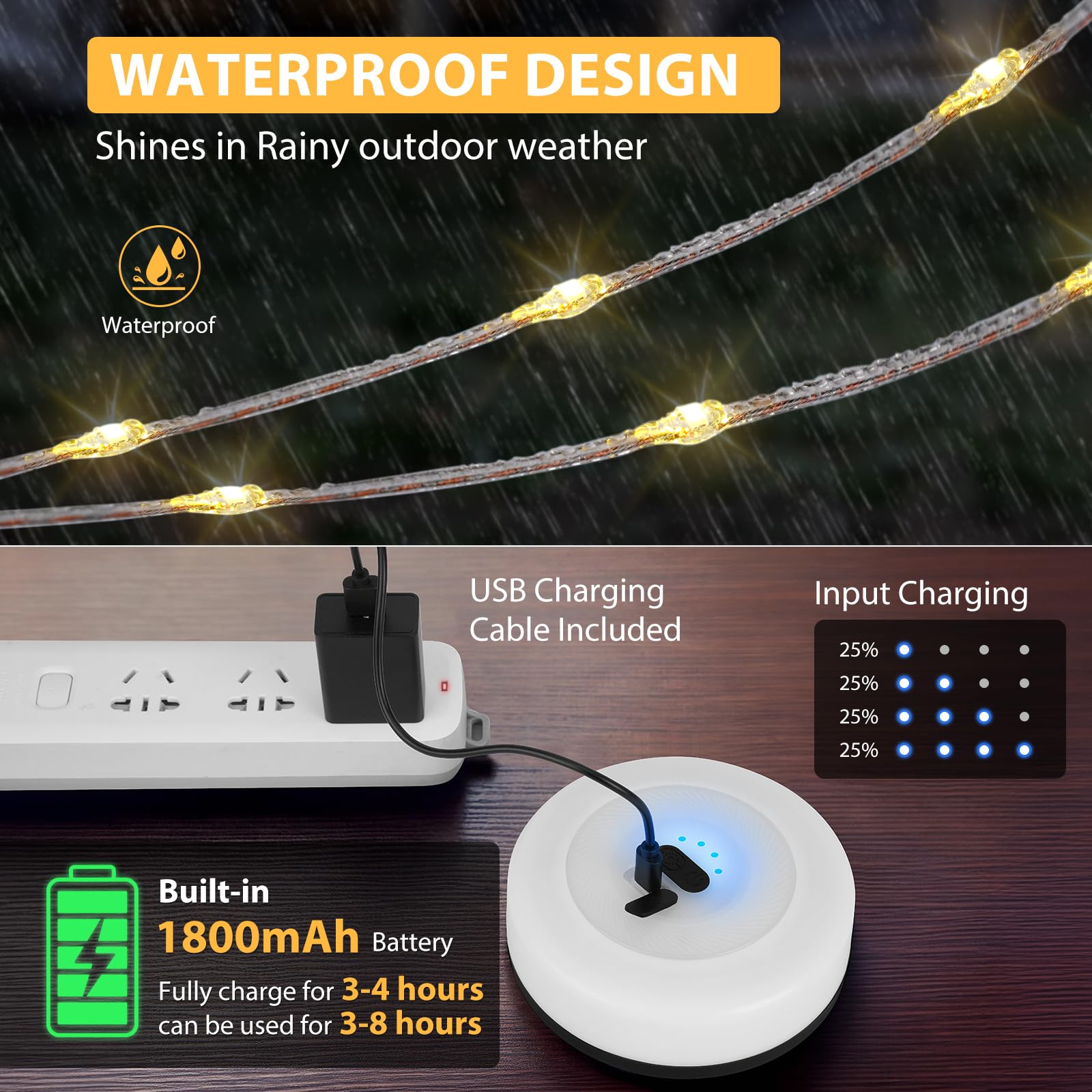 UGDLUCK Camping String Lights, 32.8FT Waterproof Tent Lamp, 9 Modes, Warm & RGB, Model CD013, 1PACK