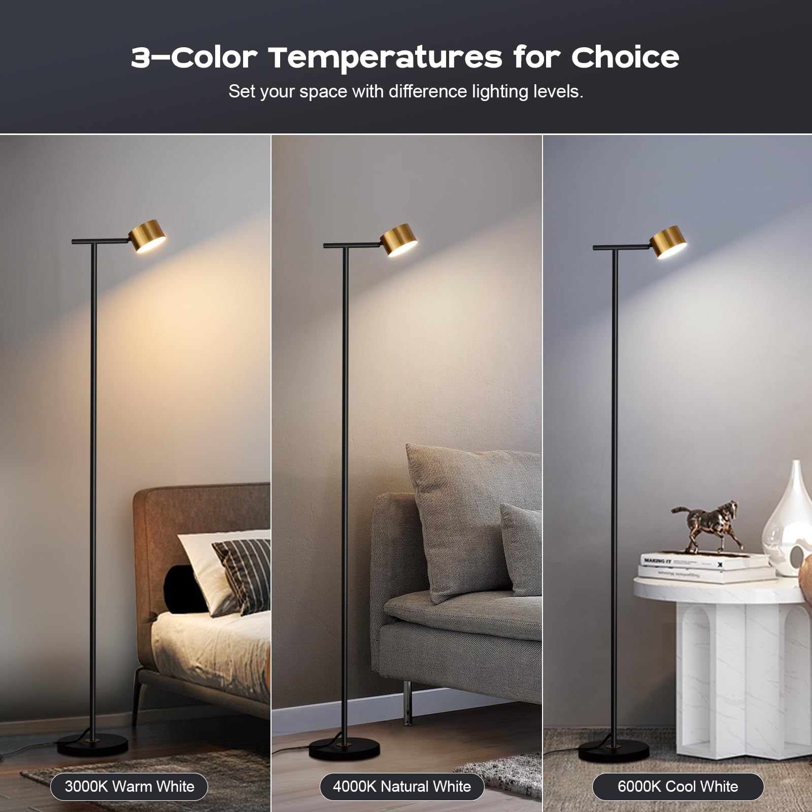 Figdifor Black Floor Lamp, 3 Color Temperatures, Flexible Head, Modern Reading Light For Home & Office