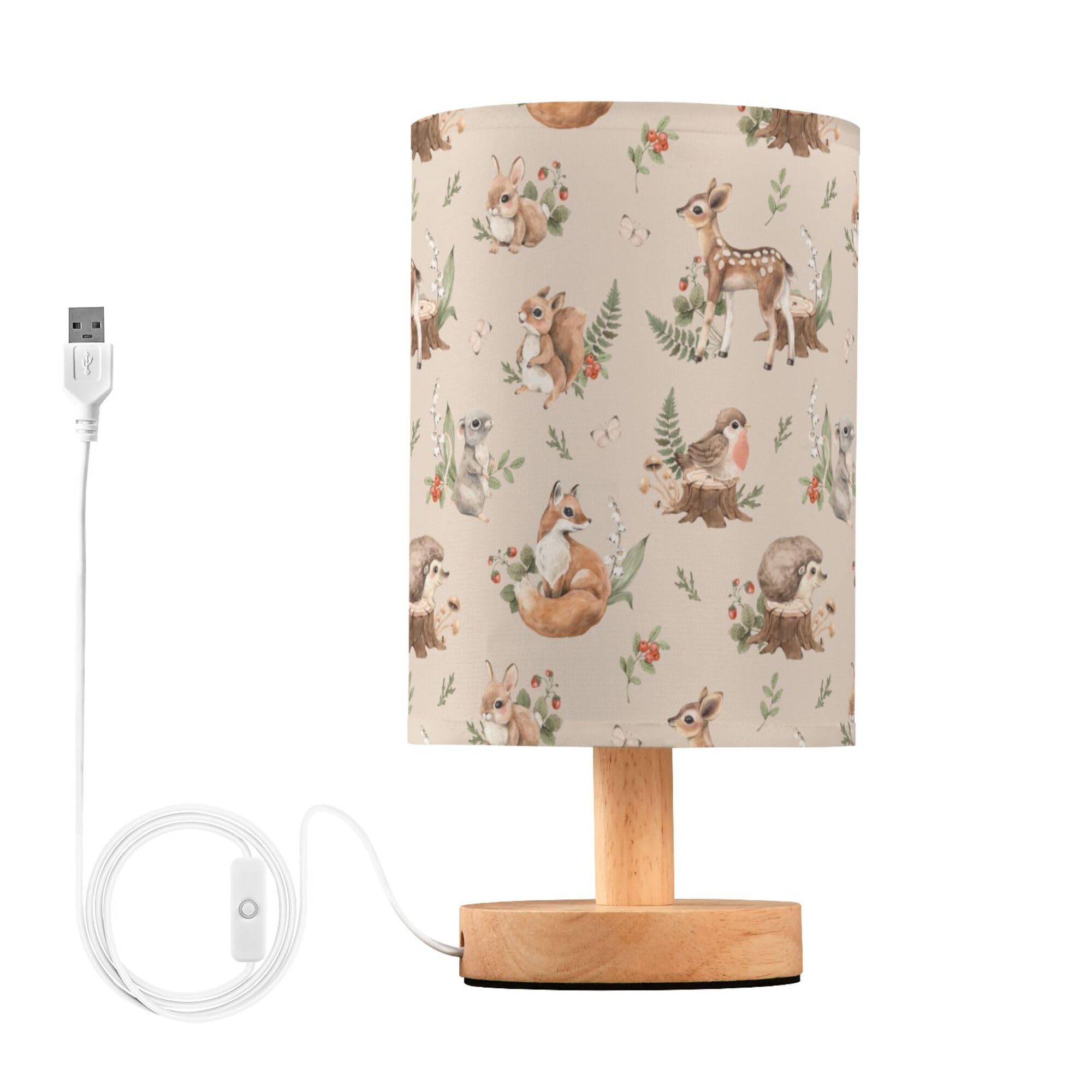 YYZZH Table Lamp Watercolor Squirrel Mouse Fawn Fox Hare Hedgehog Forest Animal Nightstand Lamp with Wood Base Fabric Lamp Shade