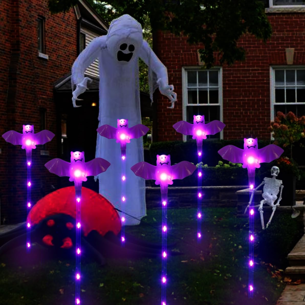 Xingpold Halloween Decorations Outdoor Solar Bat Garden Lights 6 Pack 56Led Solar Halloween Bats Lights  Waterproof Solar Pathway Lights For Outside Patio Yard Lawn Grave Party Gifts Decor Purple