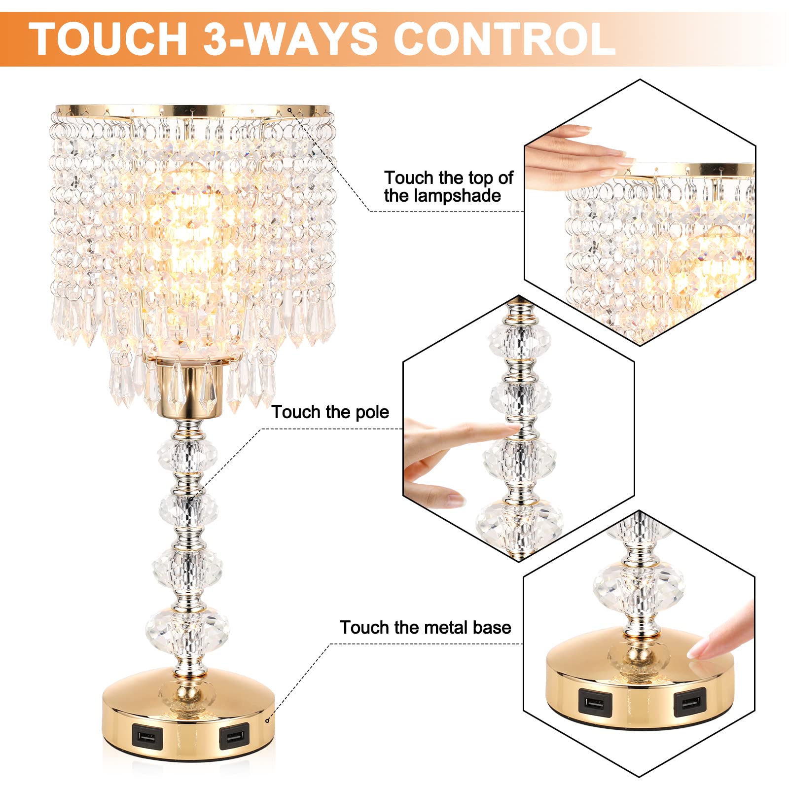 Acaxin Crystal Table Bedside Lamp - Touch Control, 3-Way Dimmable, Gold, Medium Size, 2 USB Ports for Bedroom & Living Room
