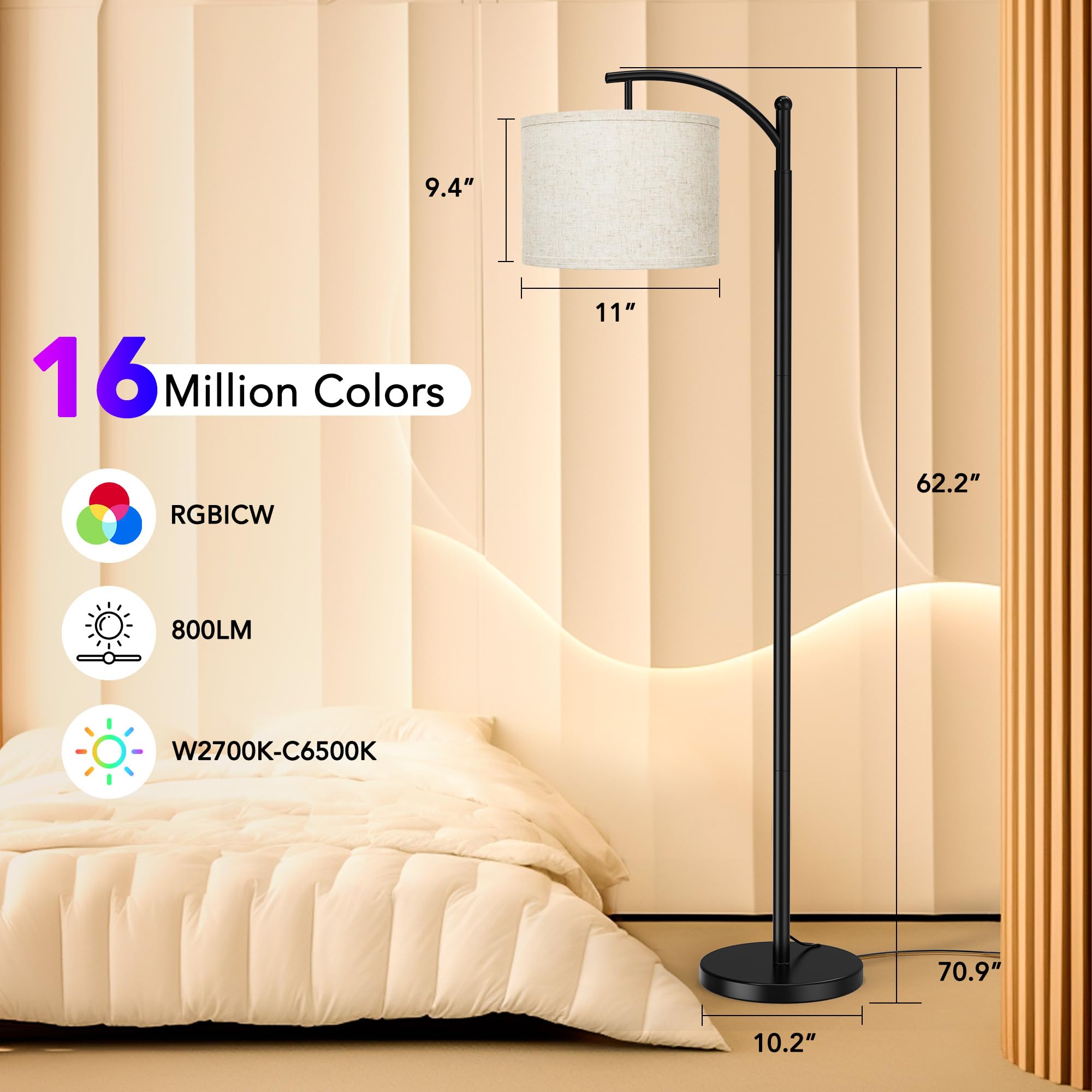 Floor Lamps With Matter Smart Light Bulb, Rgb + Color Temperatures Bright Dimmable Smart Floor Lamp, Living Room Standing Tall I